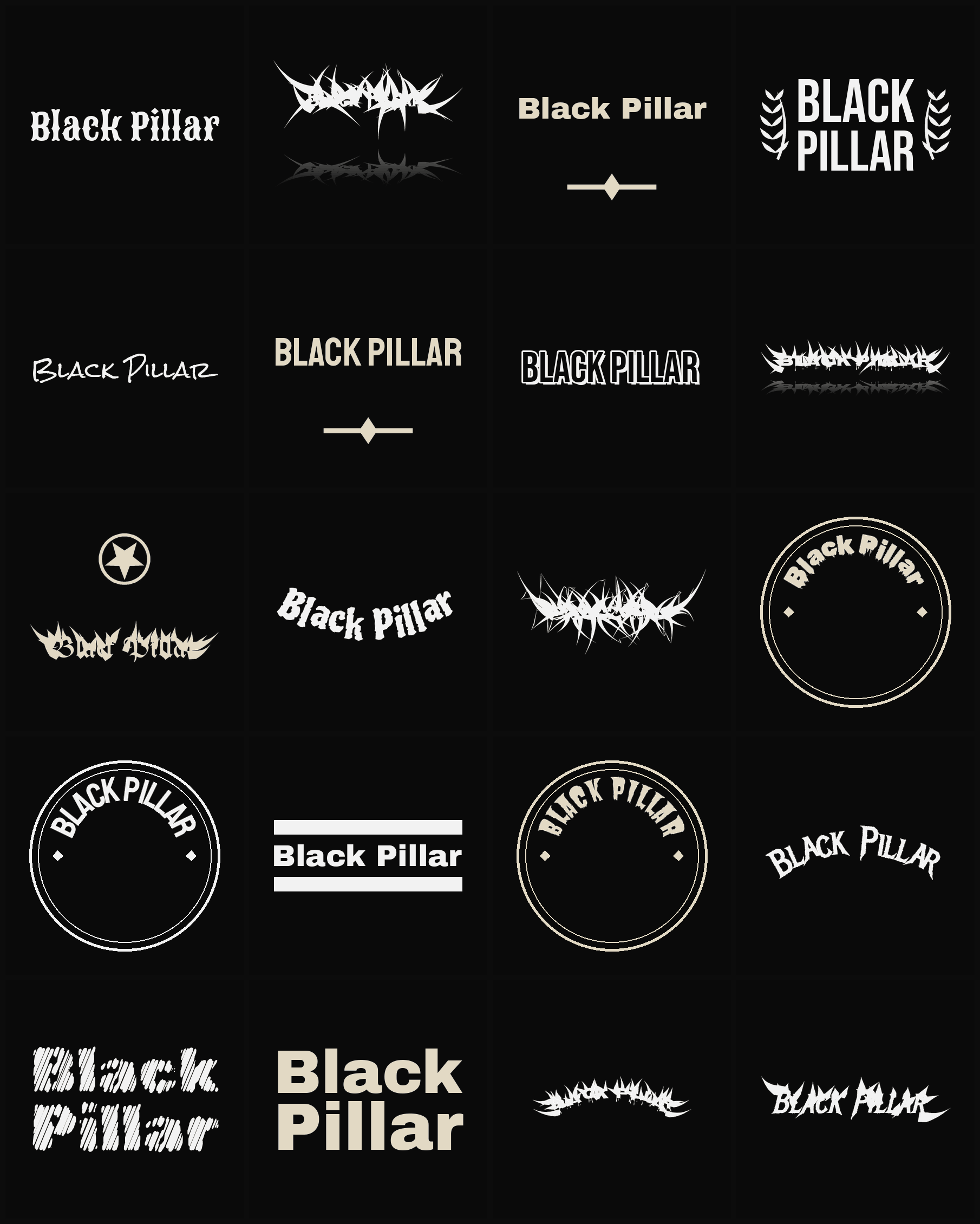 Twenty Black Pillar band logo ideas — different faces, treatments and spike settings