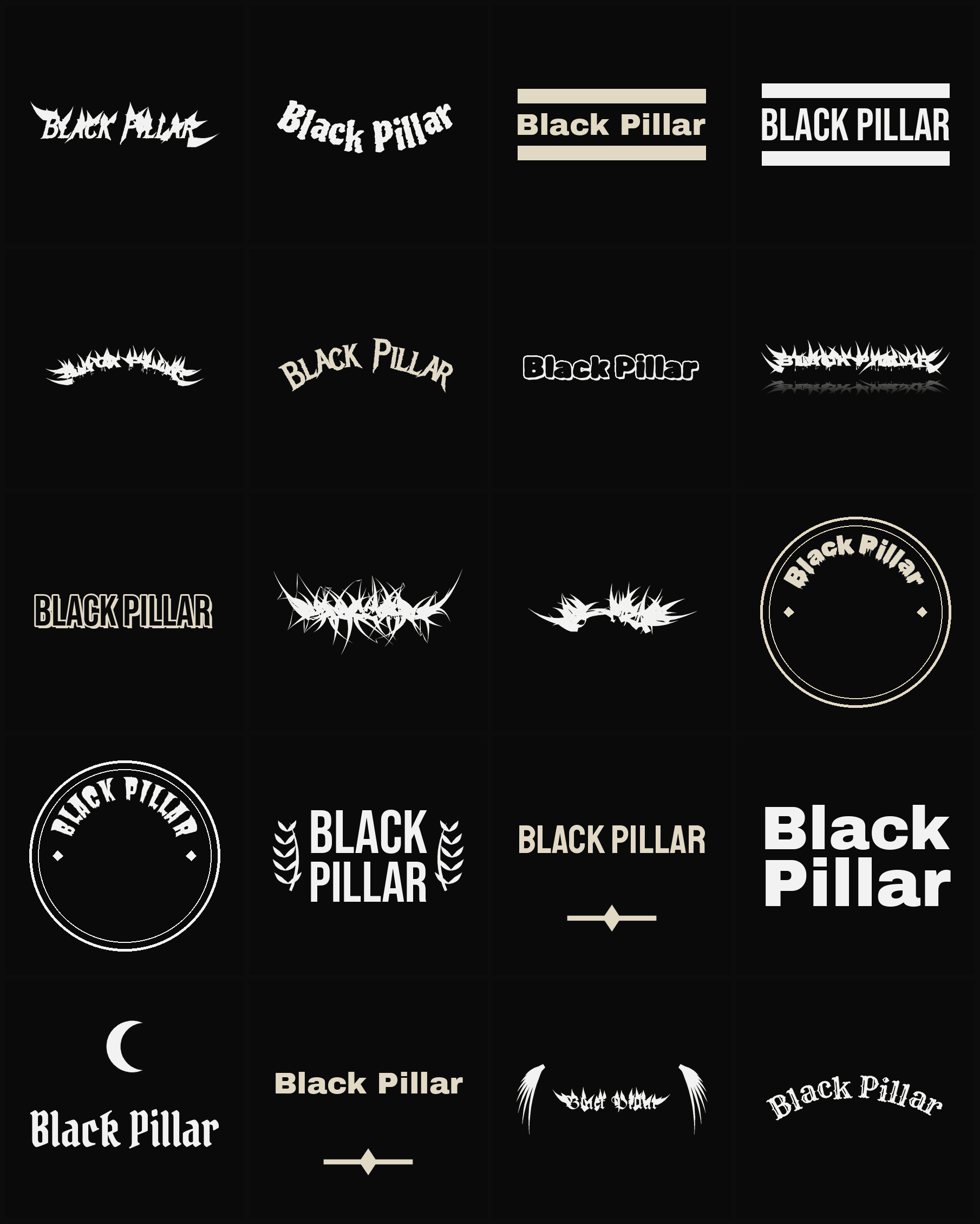 Twenty Black Pillar band logo ideas — different faces, treatments and spike settings