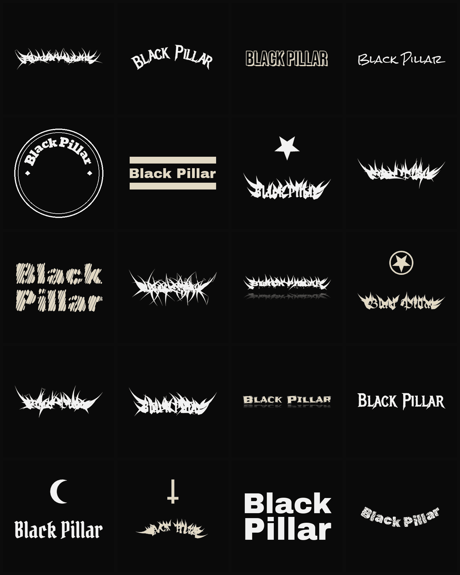 Twenty Black Pillar band logo ideas — different faces, treatments and spike settings