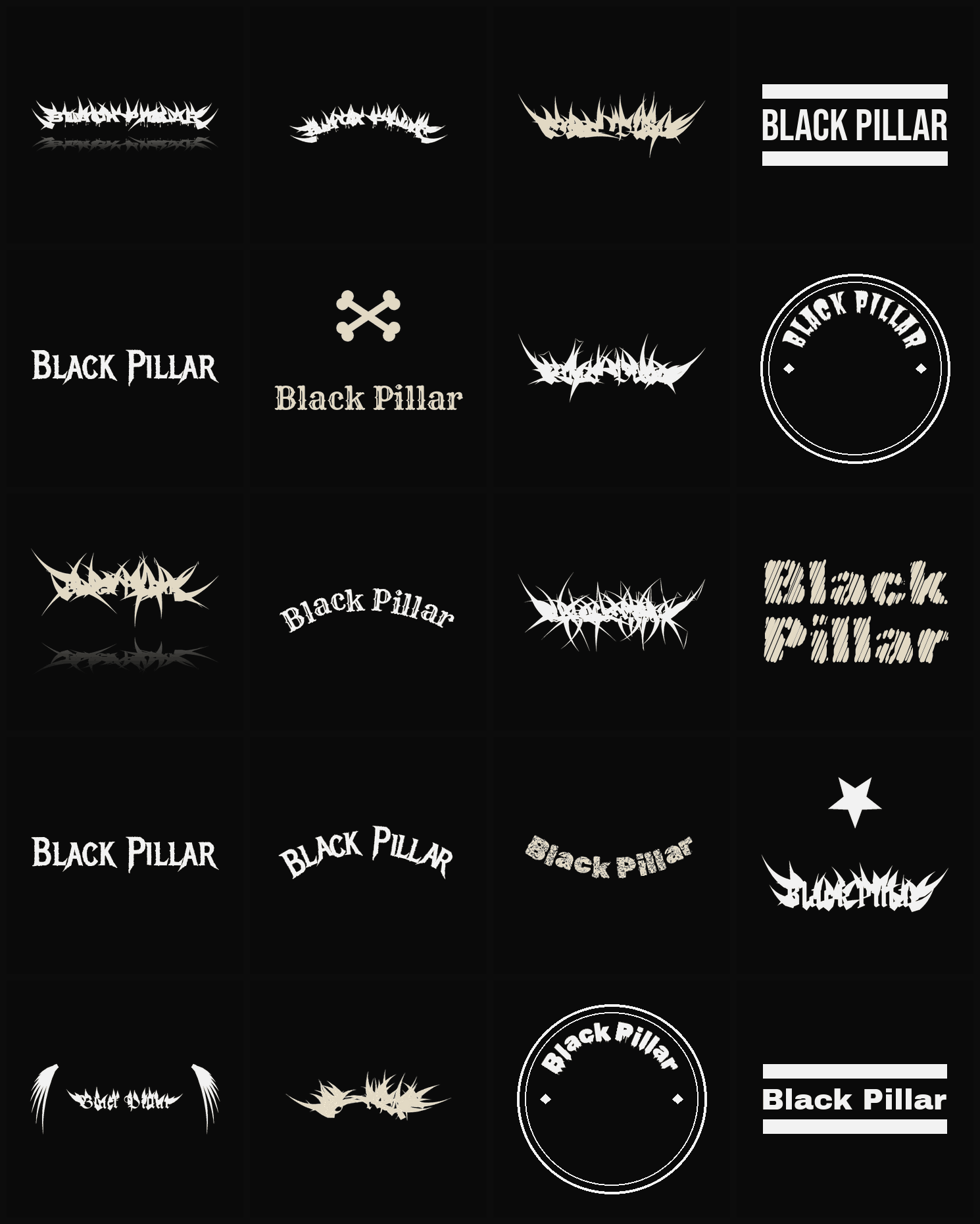 Twenty Black Pillar band logo ideas — different faces, treatments and spike settings