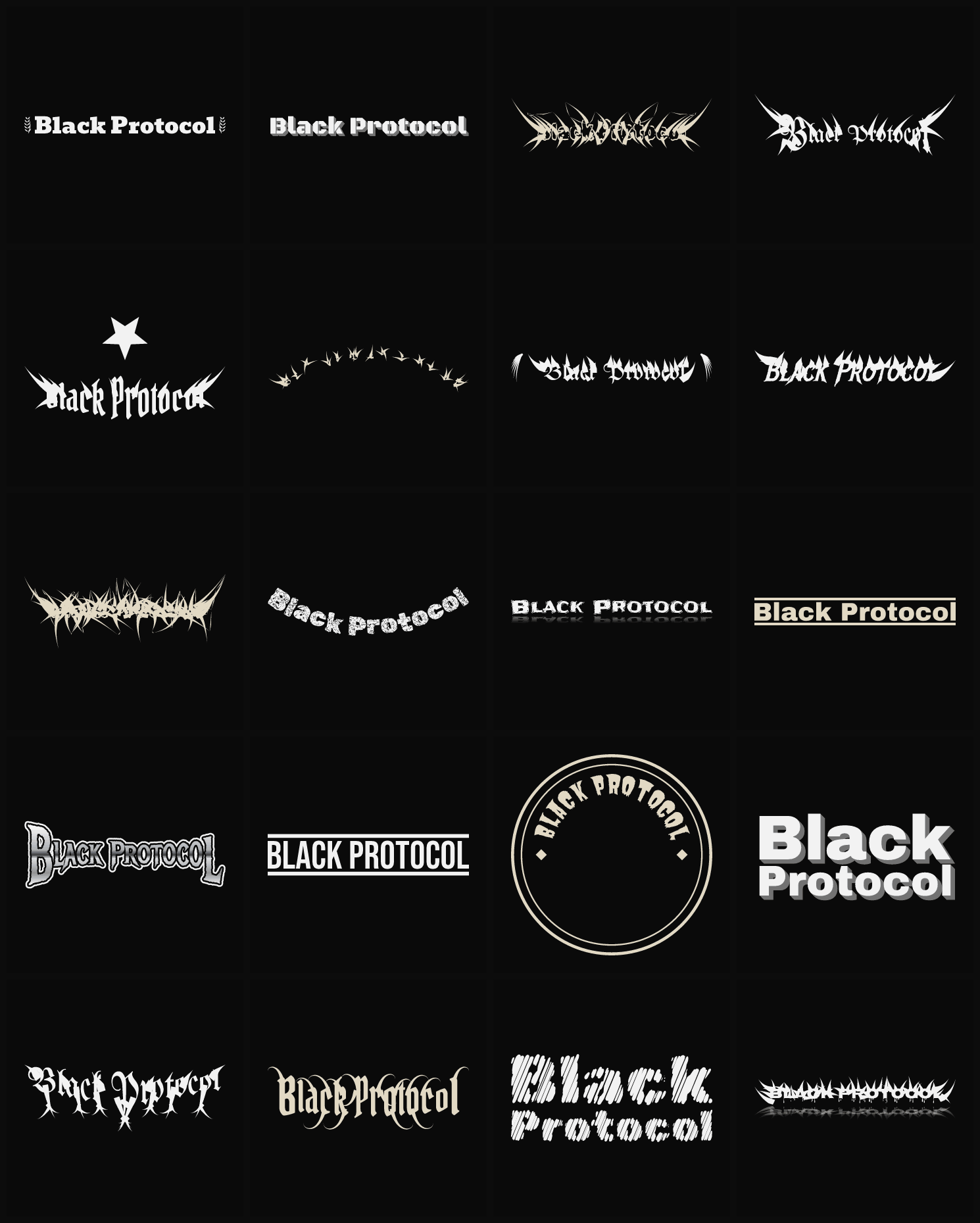 Twenty Black Protocol band logo ideas — different faces, treatments and spike settings
