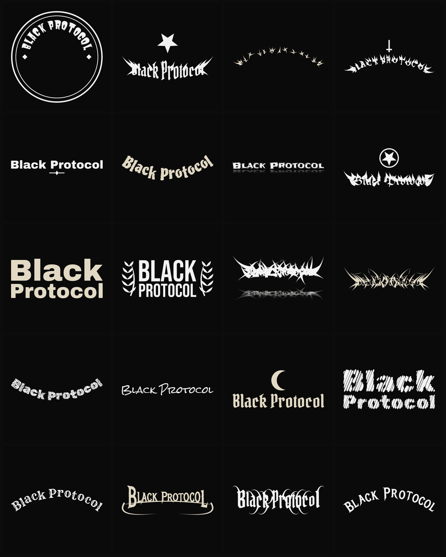 Twenty Black Protocol band logo ideas — different faces, treatments and spike settings