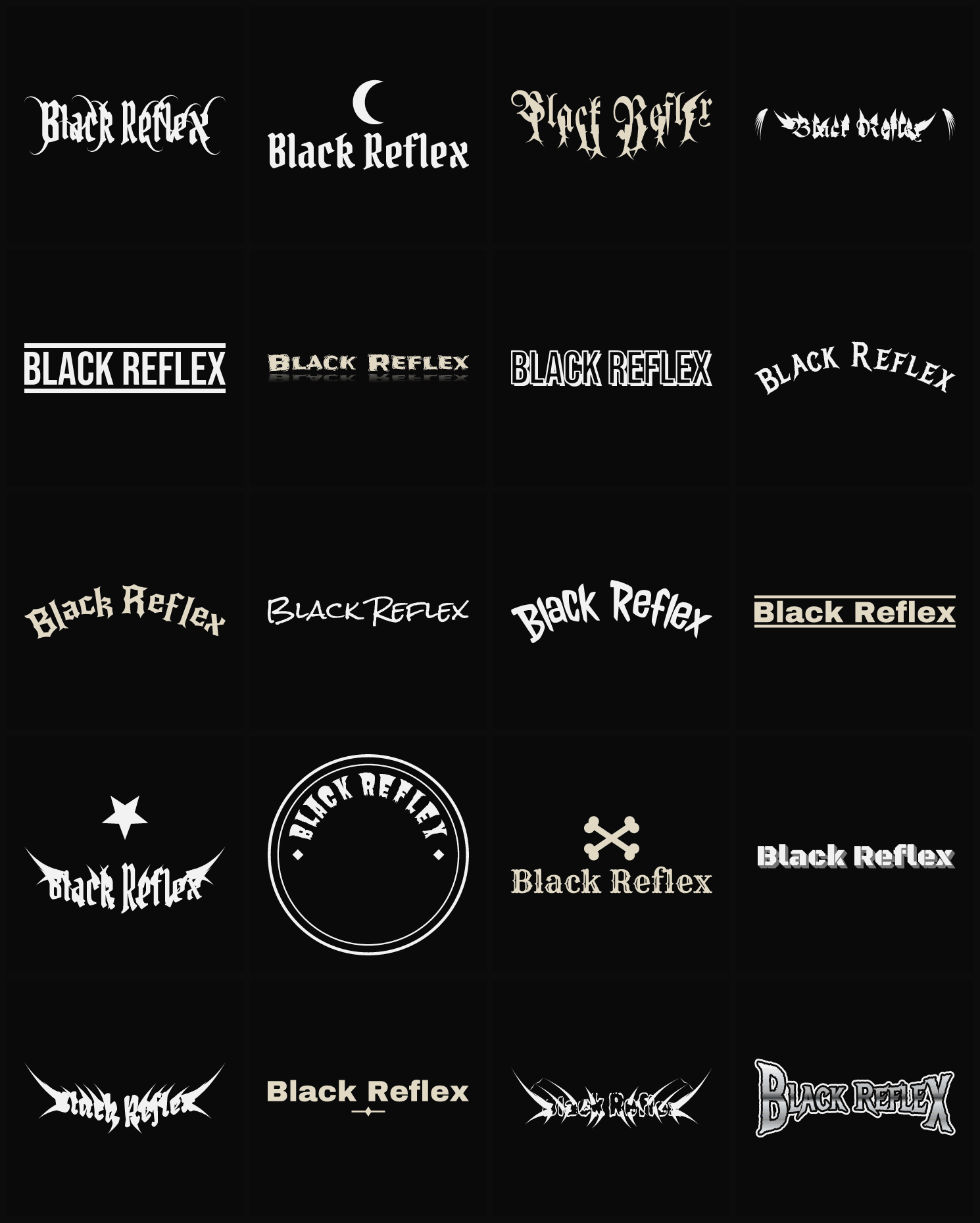 Twenty Black Reflex band logo ideas — different faces, treatments and spike settings
