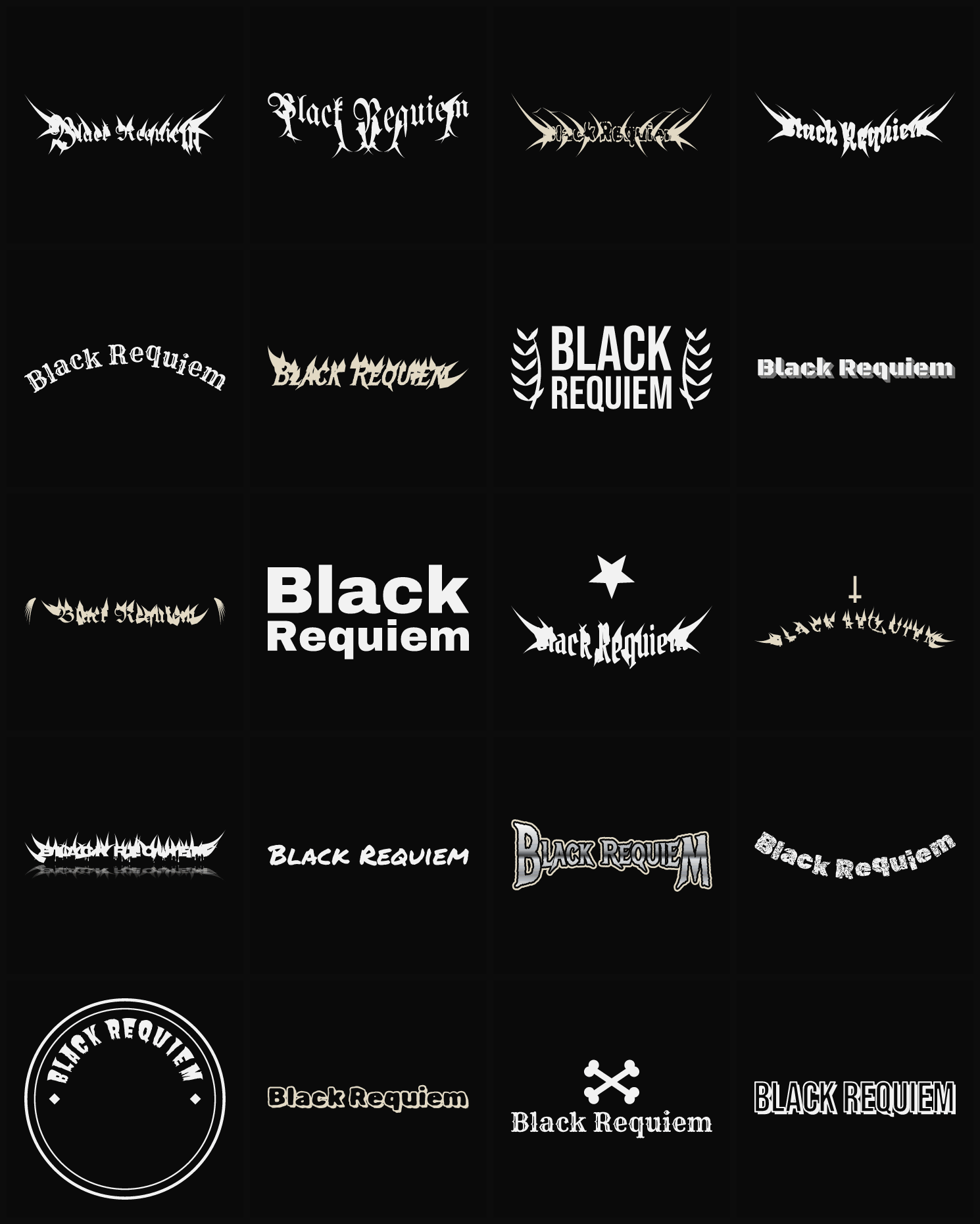 Twenty Black Requiem band logo ideas — different faces, treatments and spike settings