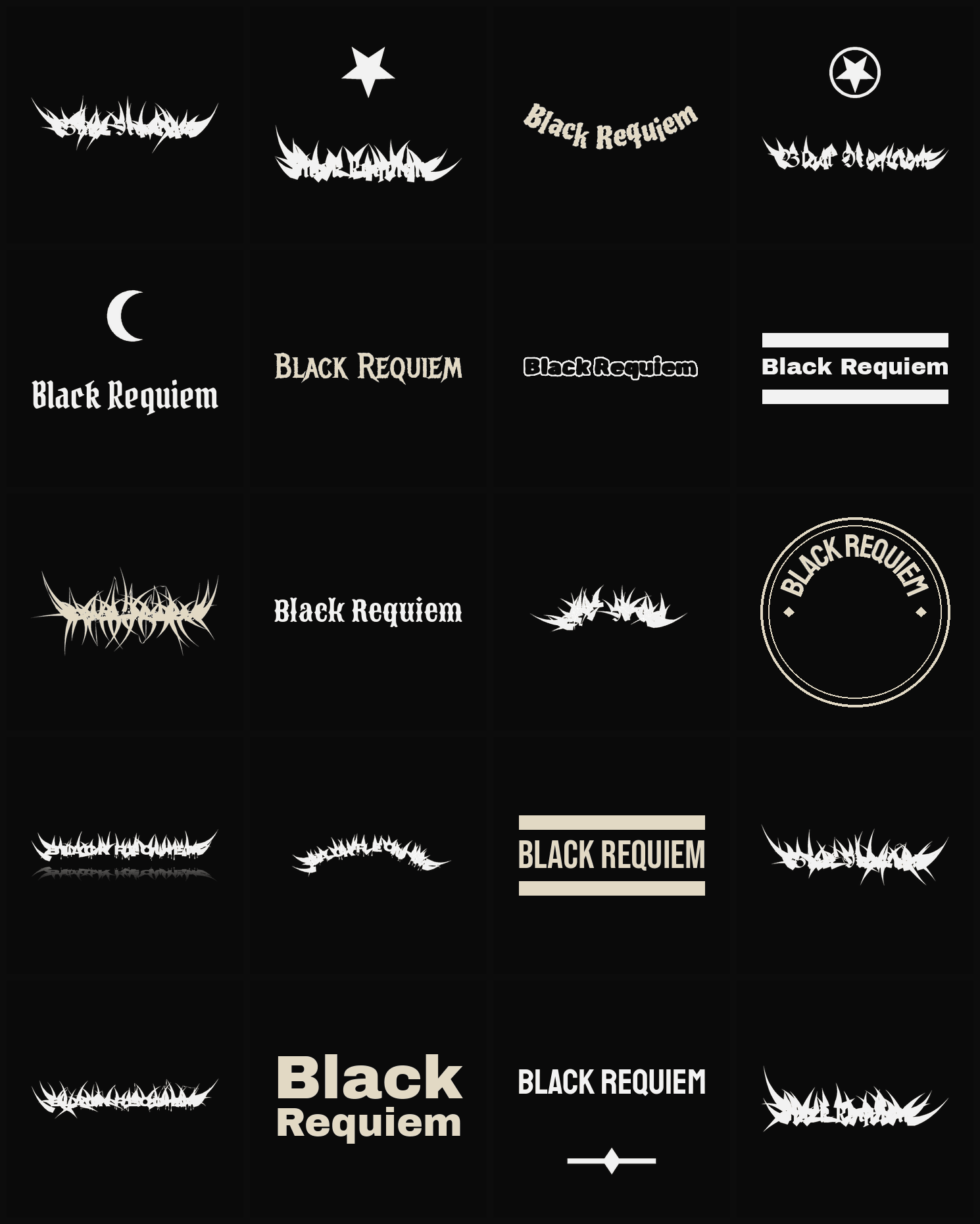 Twenty Black Requiem band logo ideas — different faces, treatments and spike settings