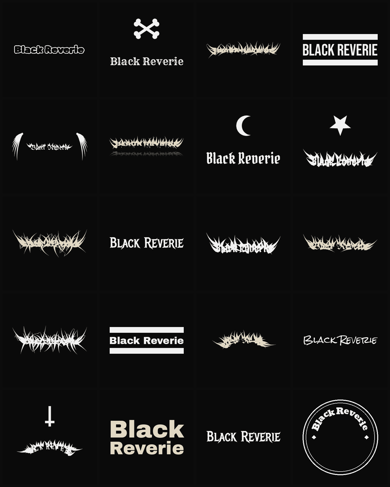 Twenty Black Reverie band logo ideas — different faces, treatments and spike settings