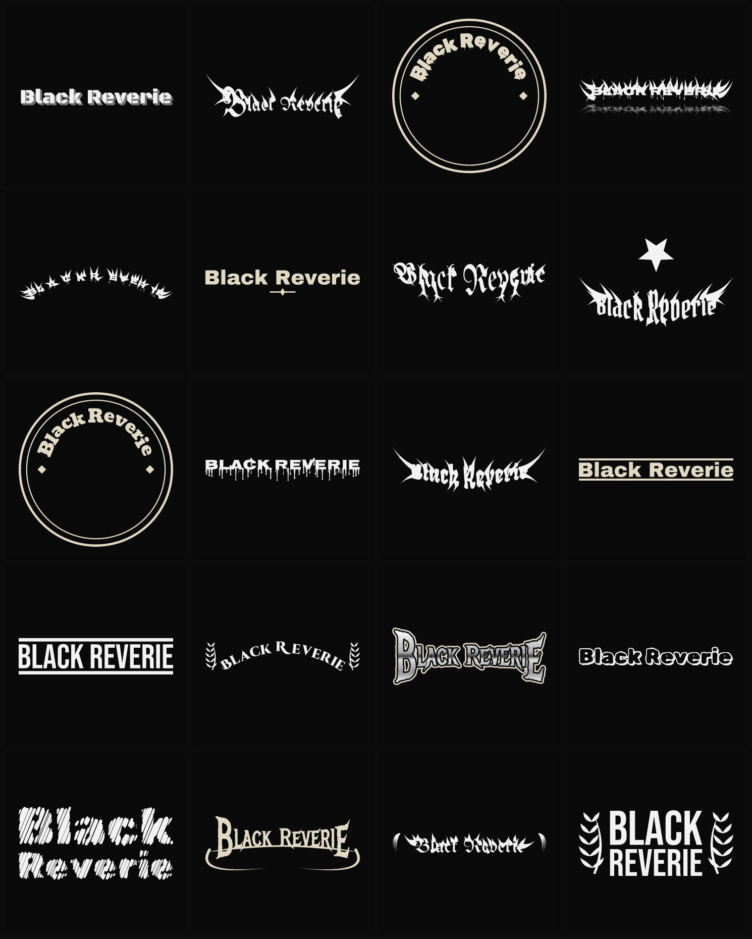 Twenty Black Reverie band logo ideas — different faces, treatments and spike settings