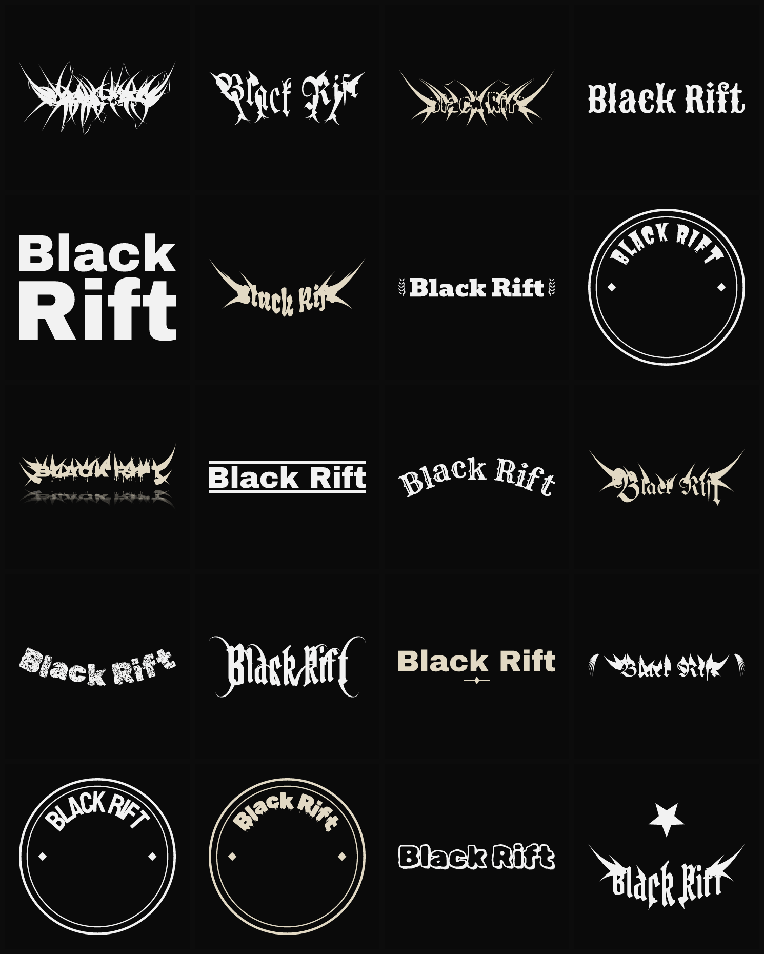 Twenty Black Rift band logo ideas — different faces, treatments and spike settings