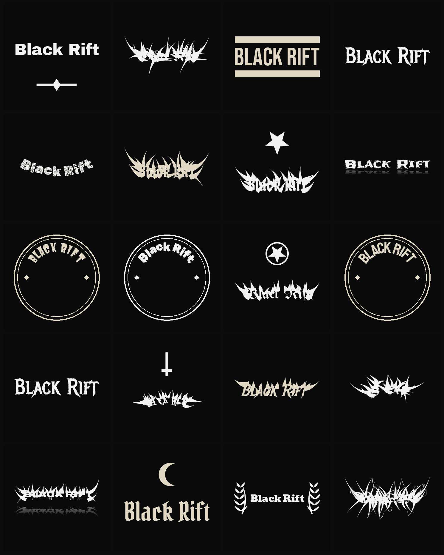 Twenty Black Rift band logo ideas — different faces, treatments and spike settings