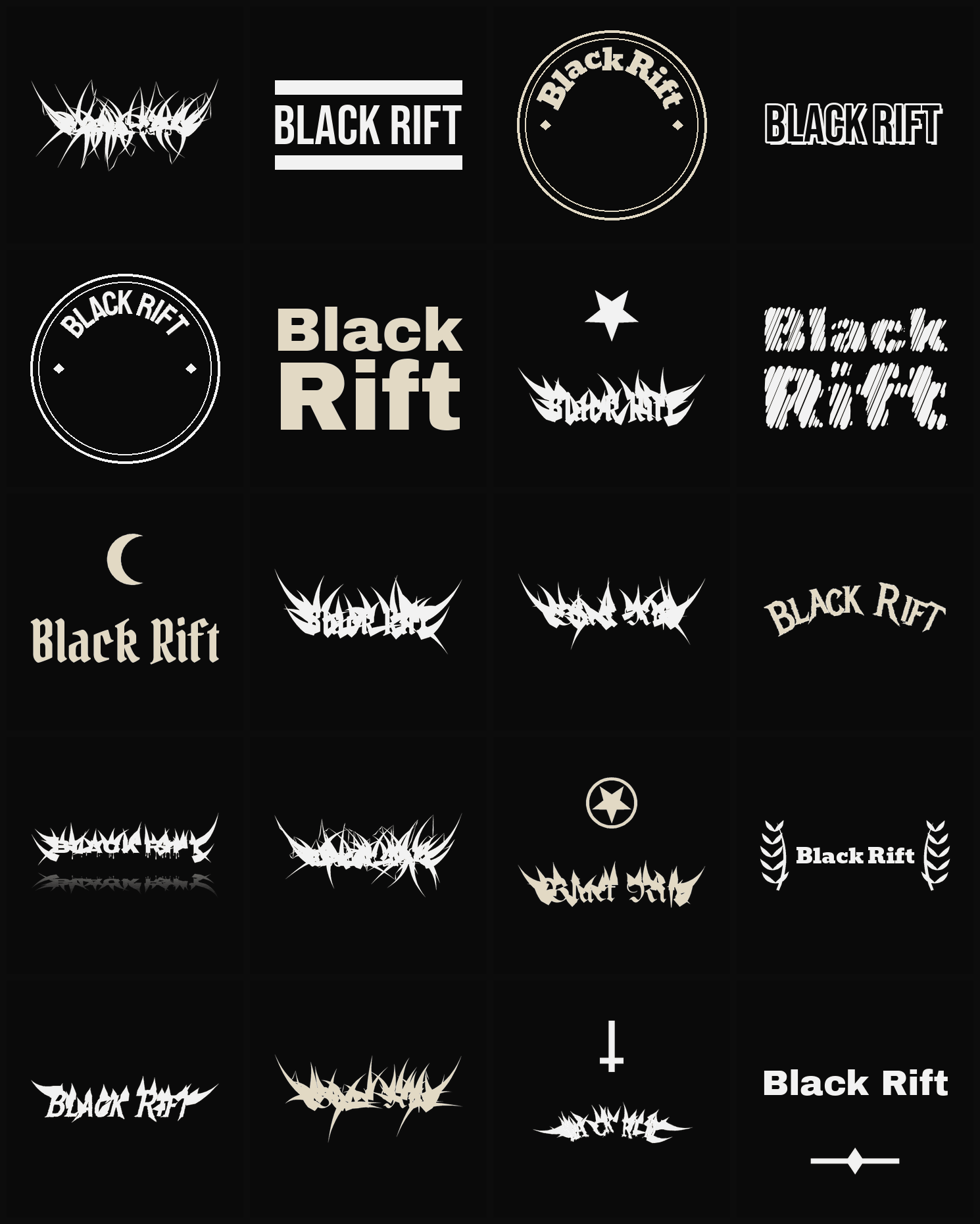 Twenty Black Rift band logo ideas — different faces, treatments and spike settings