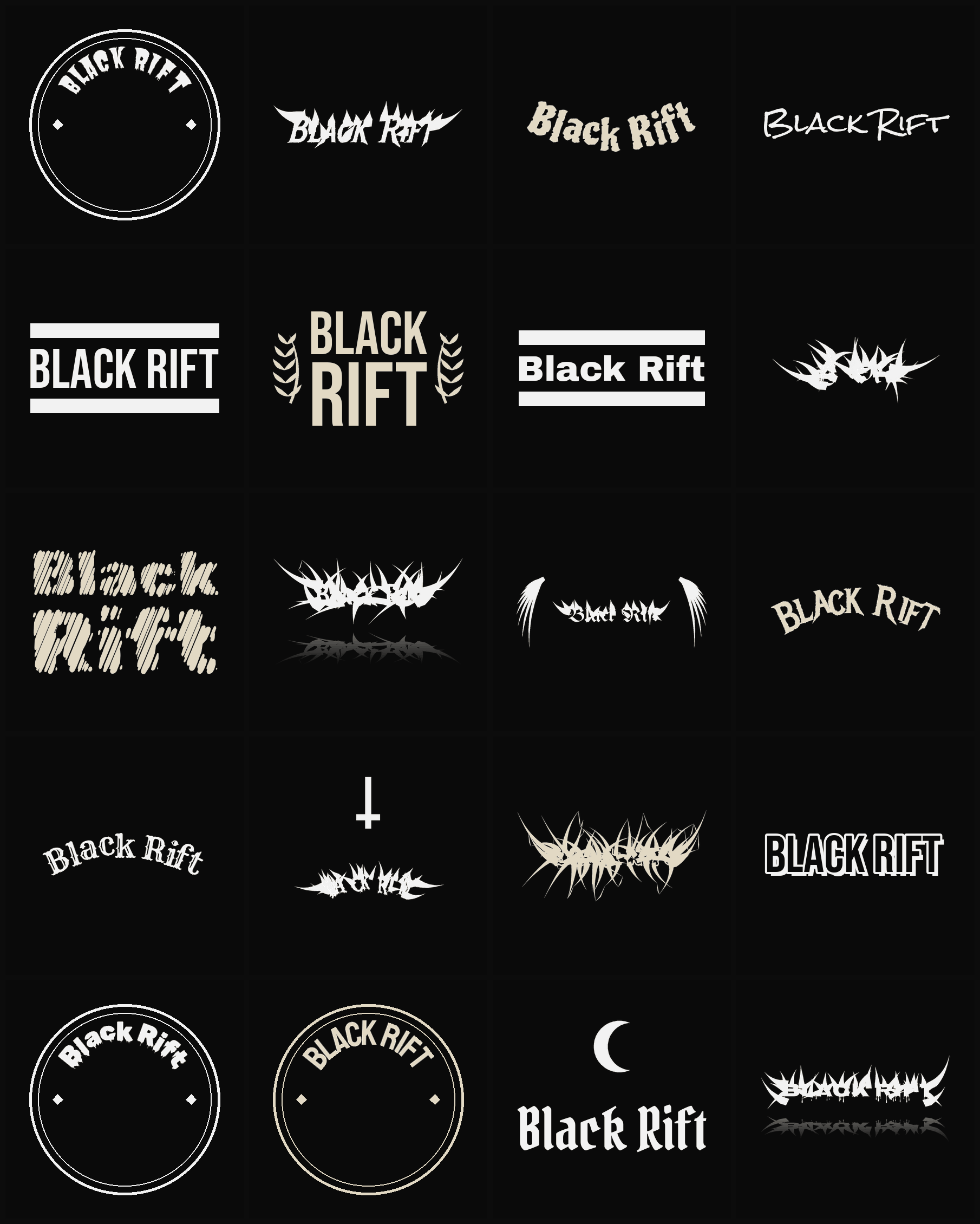 Twenty Black Rift band logo ideas — different faces, treatments and spike settings