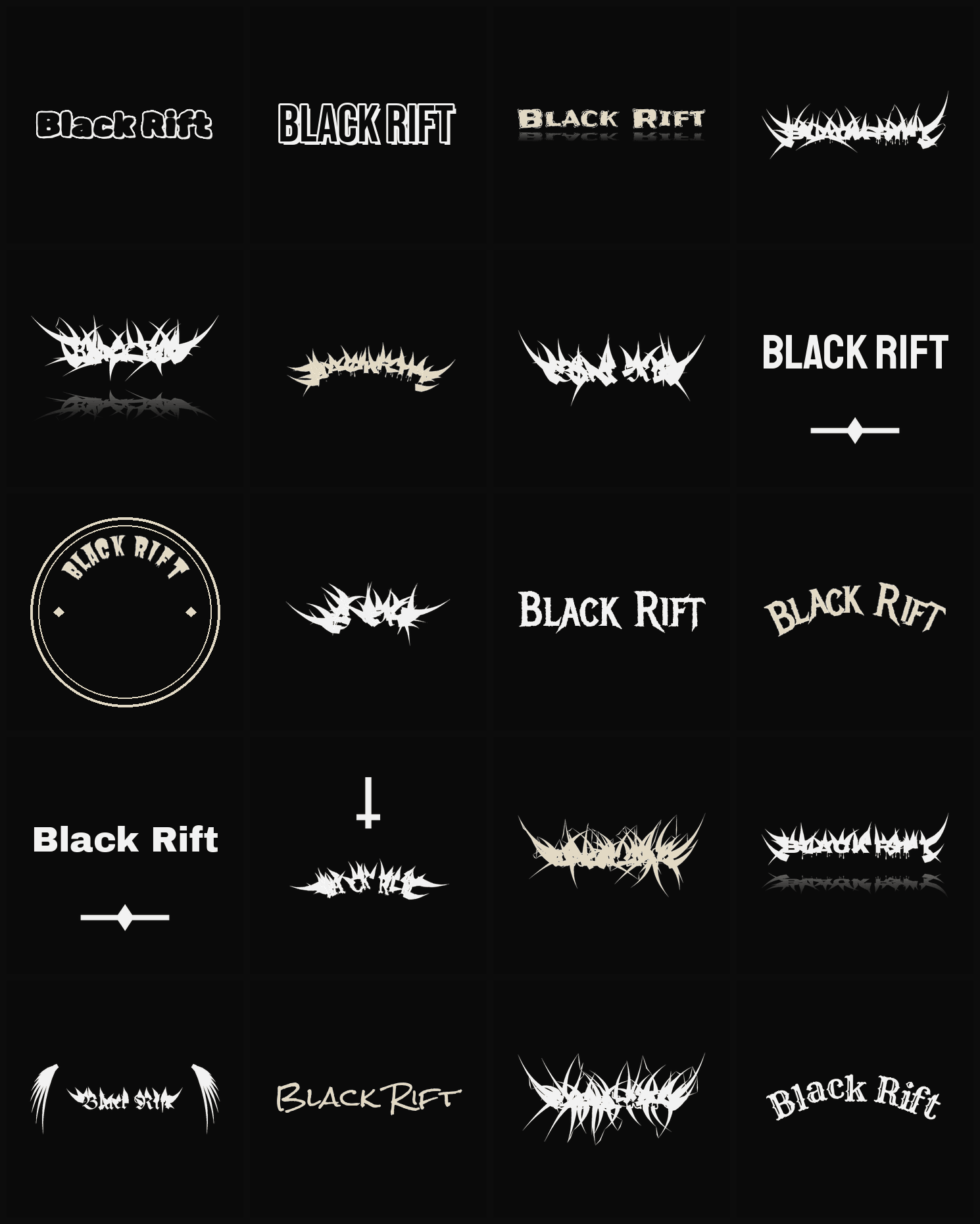 Twenty Black Rift band logo ideas — different faces, treatments and spike settings