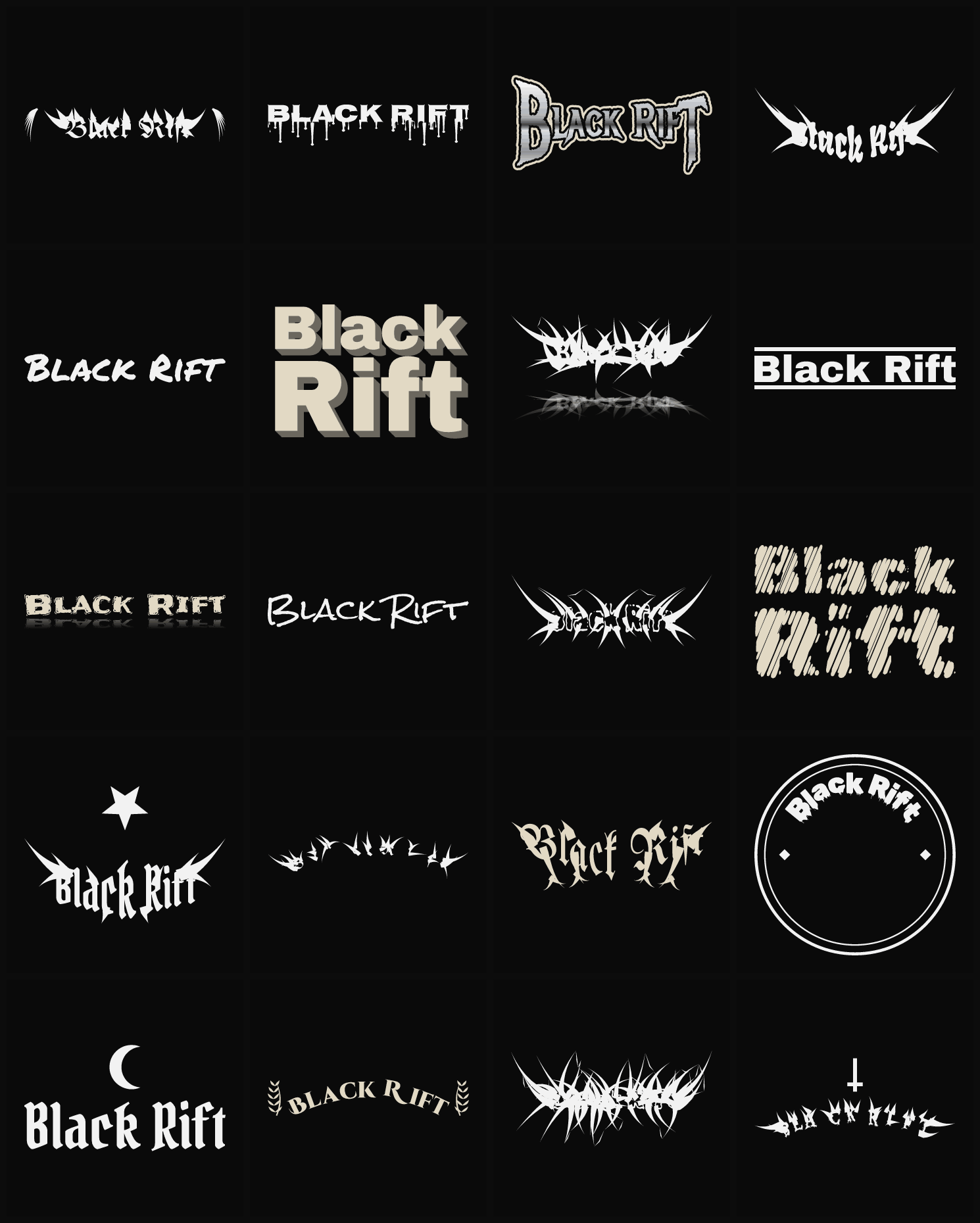 Twenty Black Rift band logo ideas — different faces, treatments and spike settings