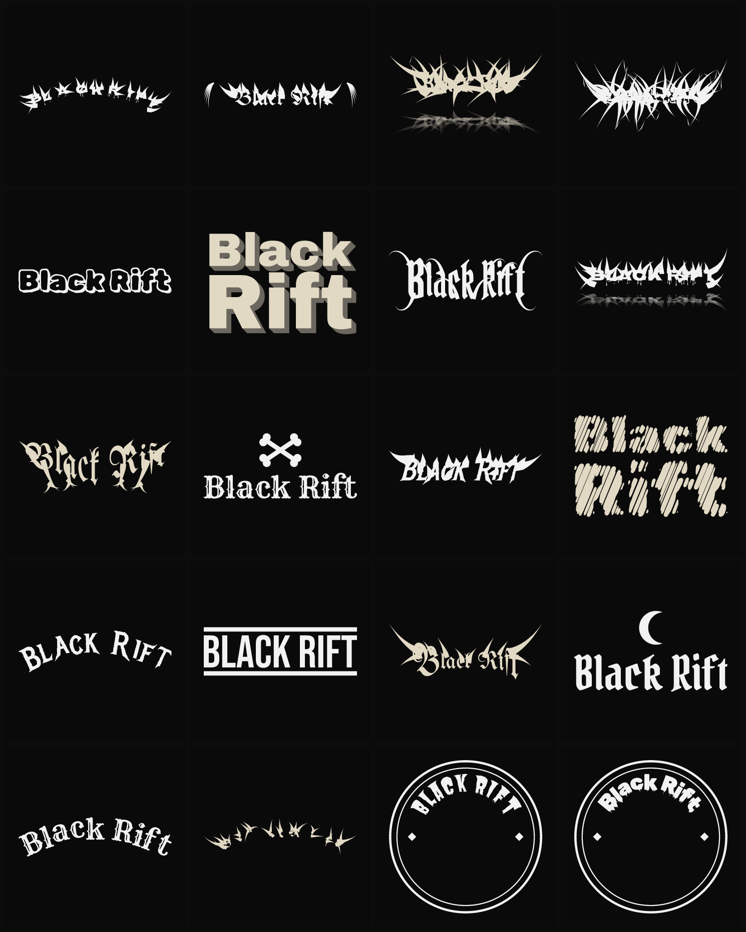 Twenty Black Rift band logo ideas — different faces, treatments and spike settings
