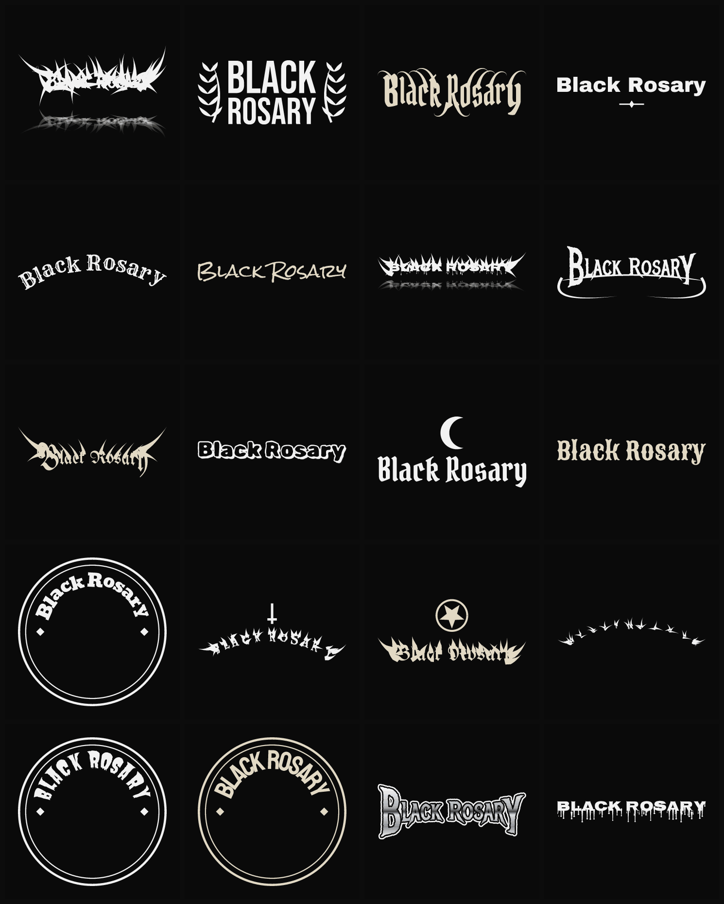 Twenty Black Rosary band logo ideas — different faces, treatments and spike settings