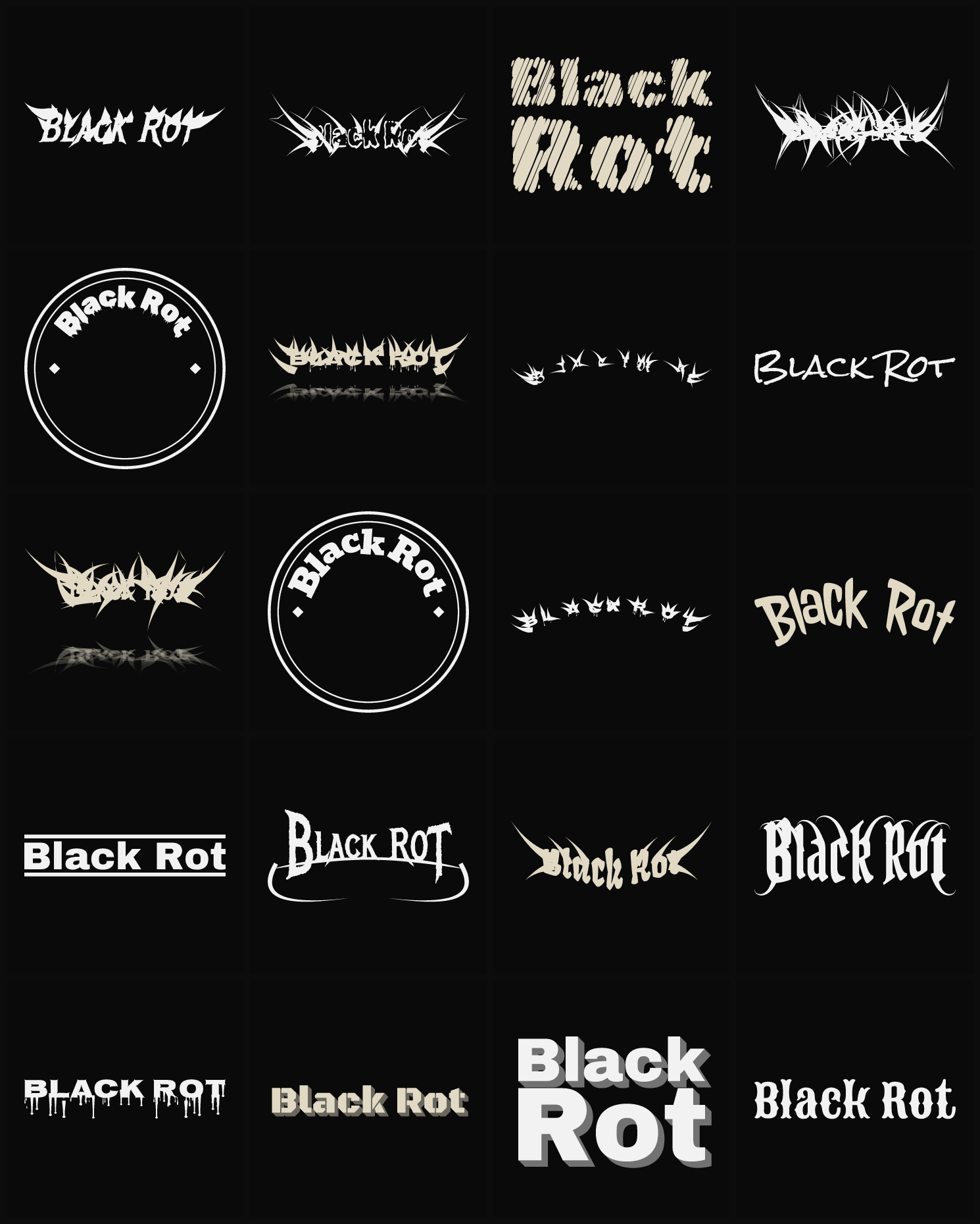 Twenty Black Rot band logo ideas — different faces, treatments and spike settings