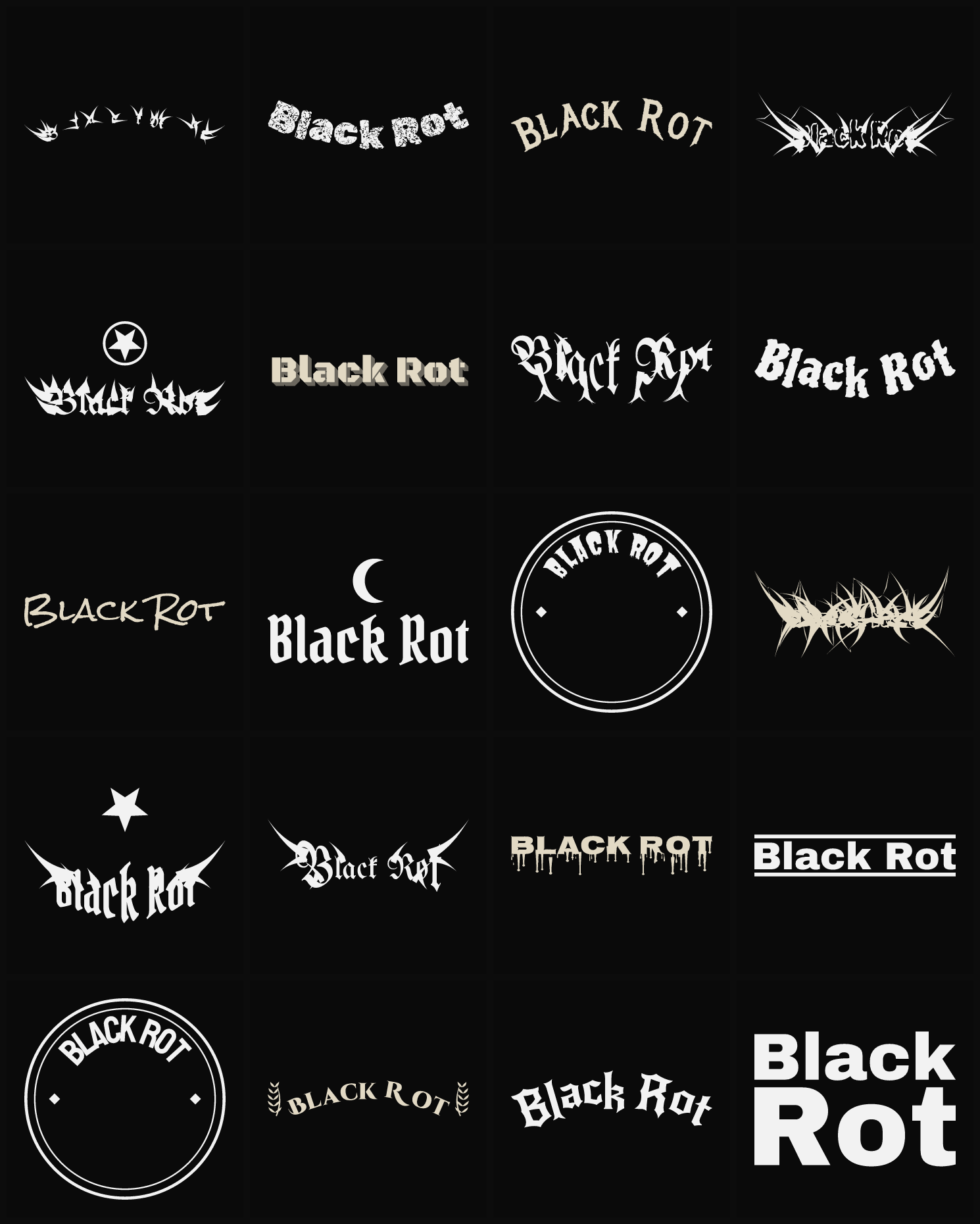 Twenty Black Rot band logo ideas — different faces, treatments and spike settings