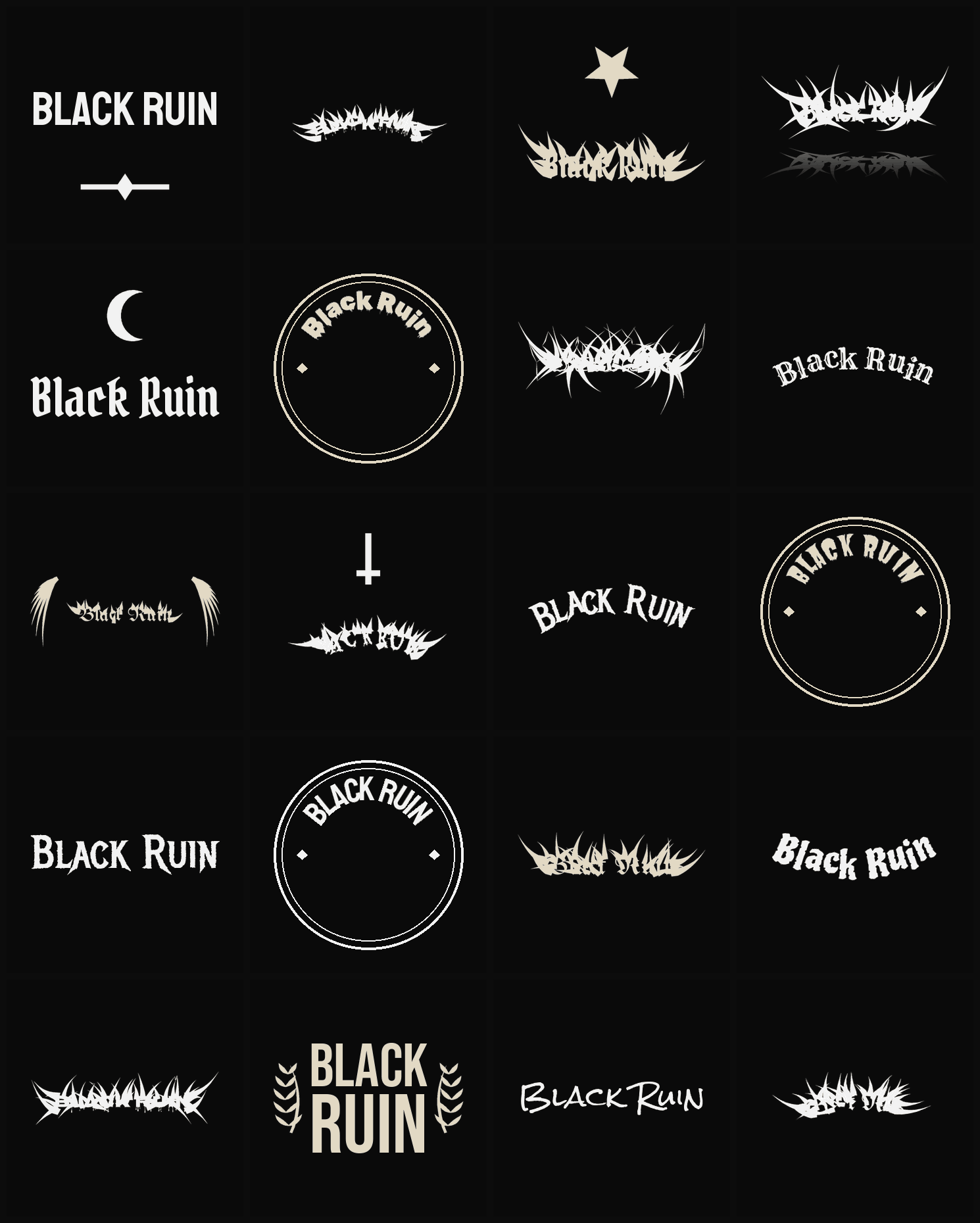 Twenty Black Ruin band logo ideas — different faces, treatments and spike settings