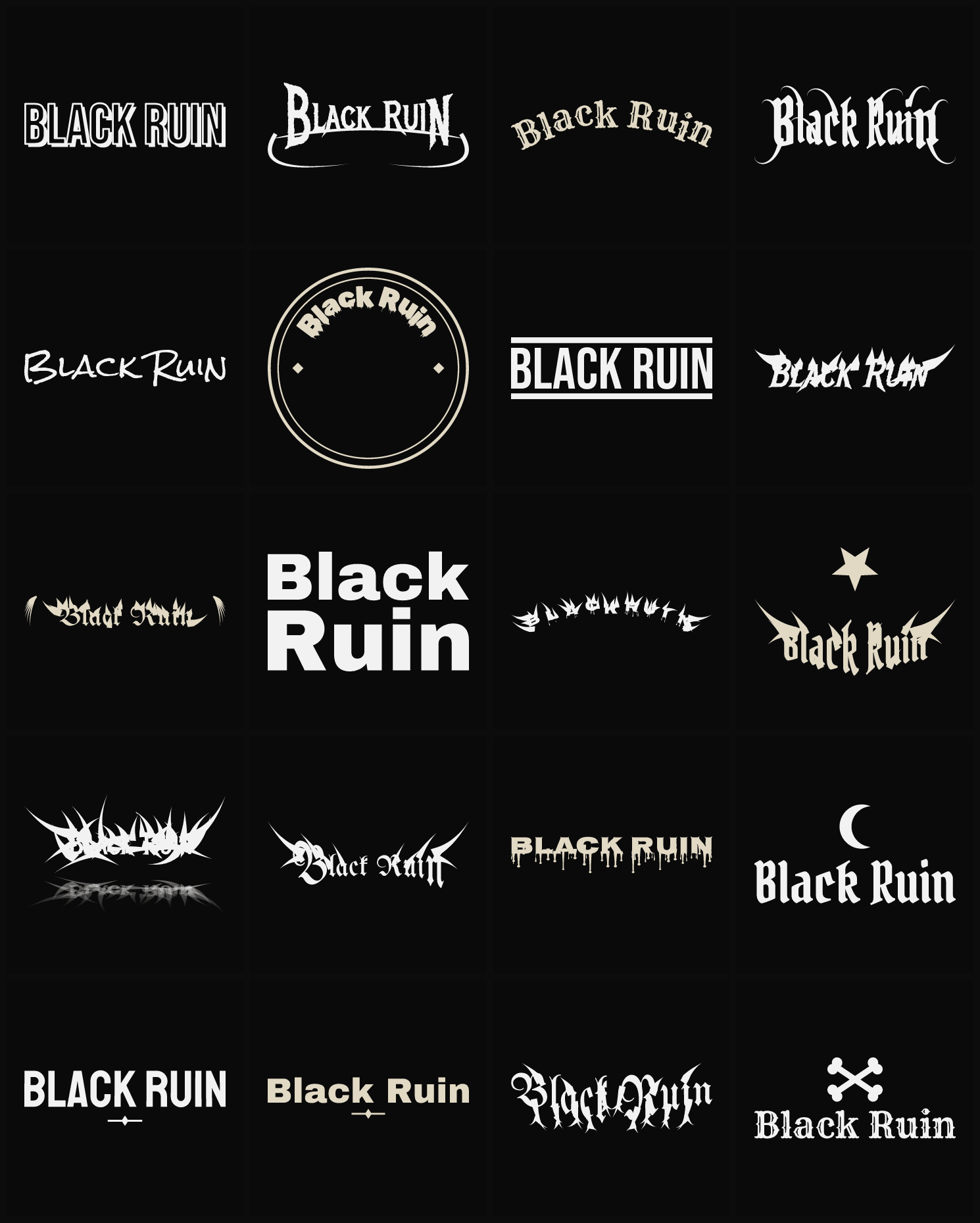 Twenty Black Ruin band logo ideas — different faces, treatments and spike settings