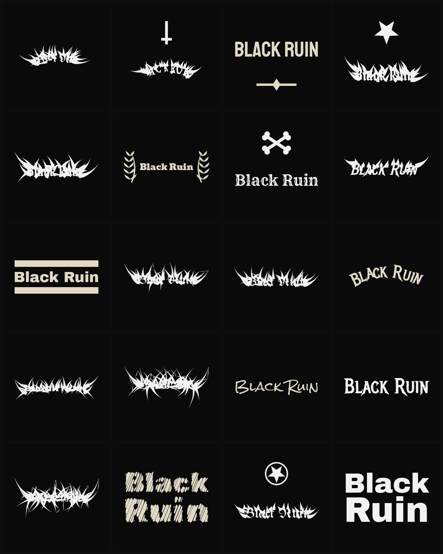 Twenty Black Ruin band logo ideas — different faces, treatments and spike settings