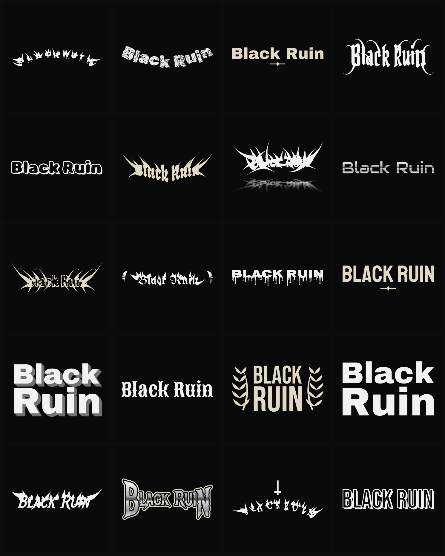 Twenty Black Ruin band logo ideas — different faces, treatments and spike settings