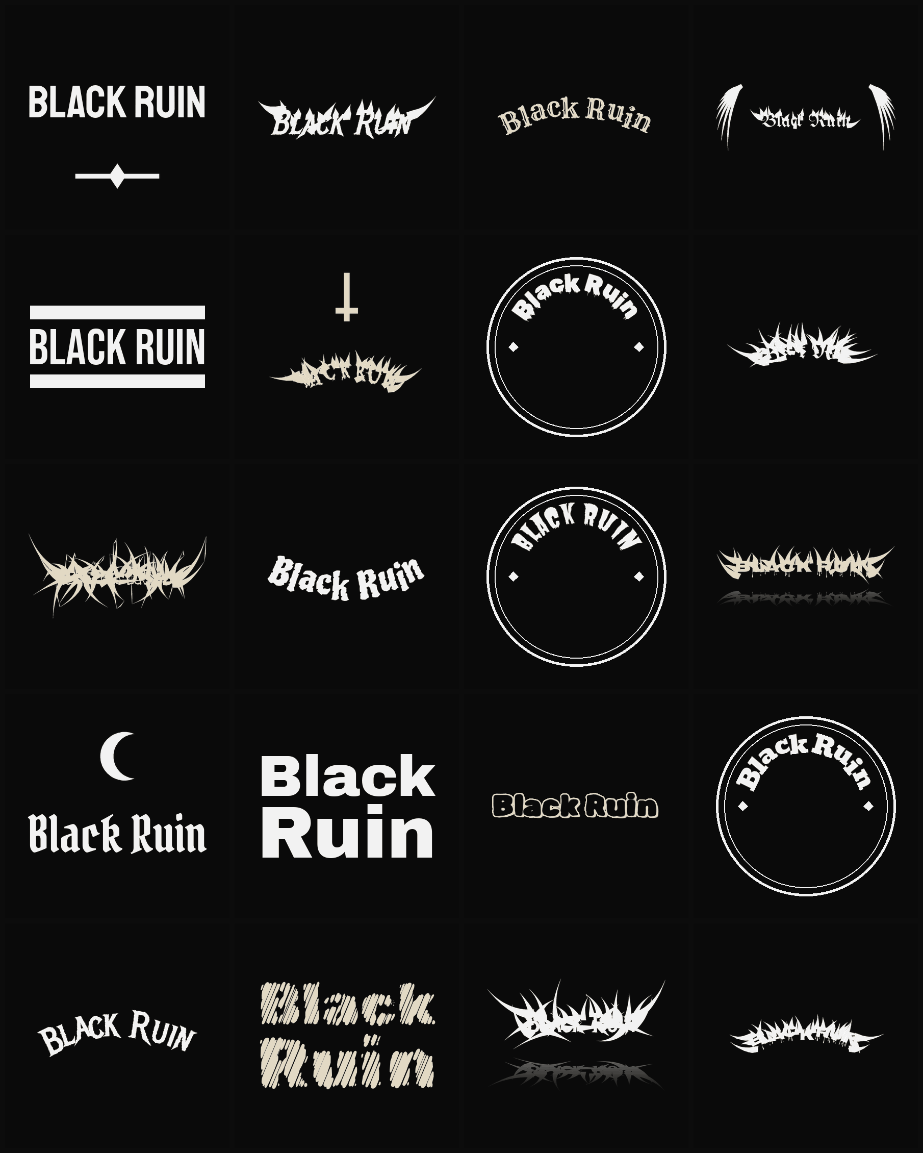 Twenty Black Ruin band logo ideas — different faces, treatments and spike settings