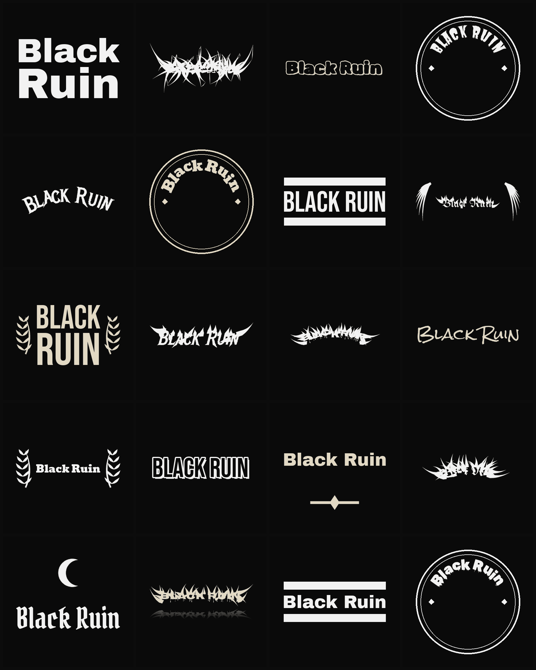 Twenty Black Ruin band logo ideas — different faces, treatments and spike settings