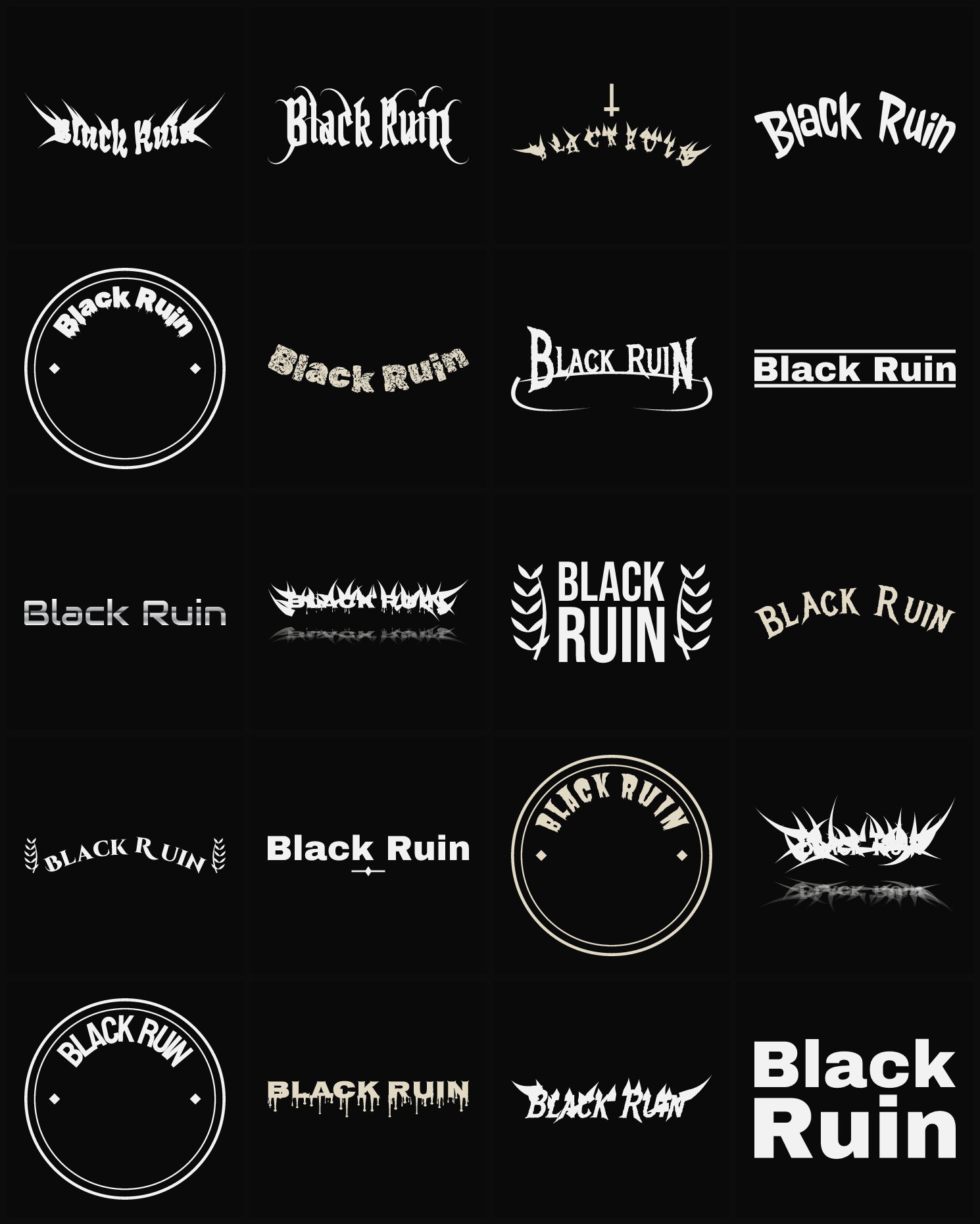Twenty Black Ruin band logo ideas — different faces, treatments and spike settings