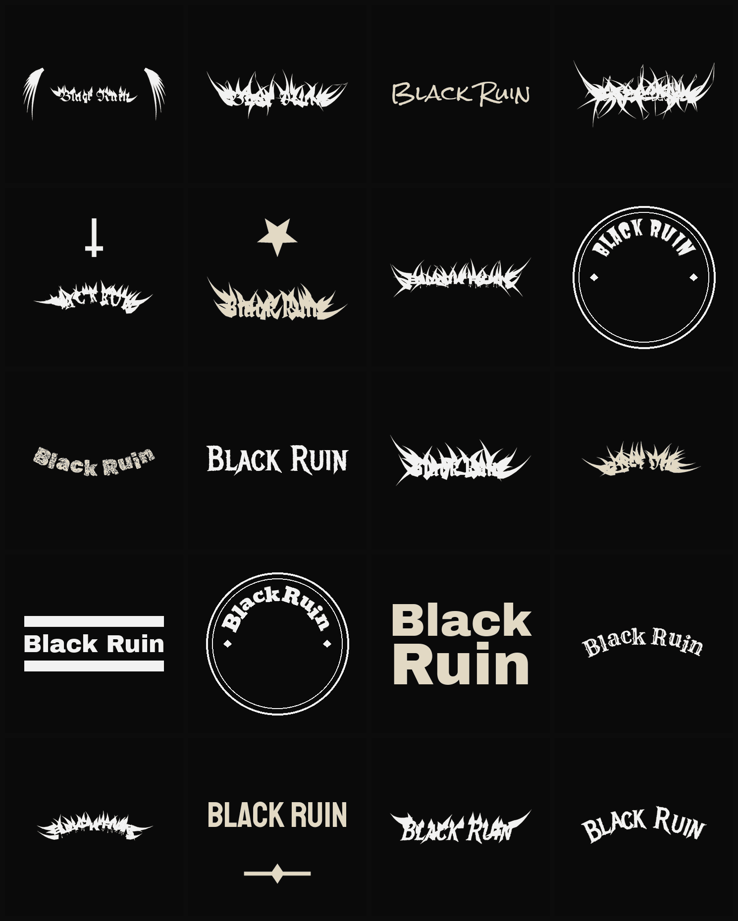 Twenty Black Ruin band logo ideas — different faces, treatments and spike settings