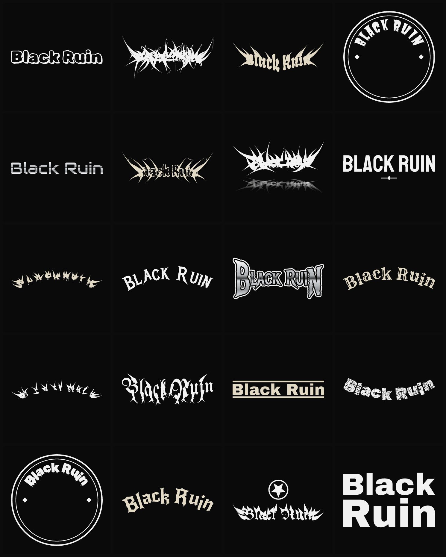 Twenty Black Ruin band logo ideas — different faces, treatments and spike settings