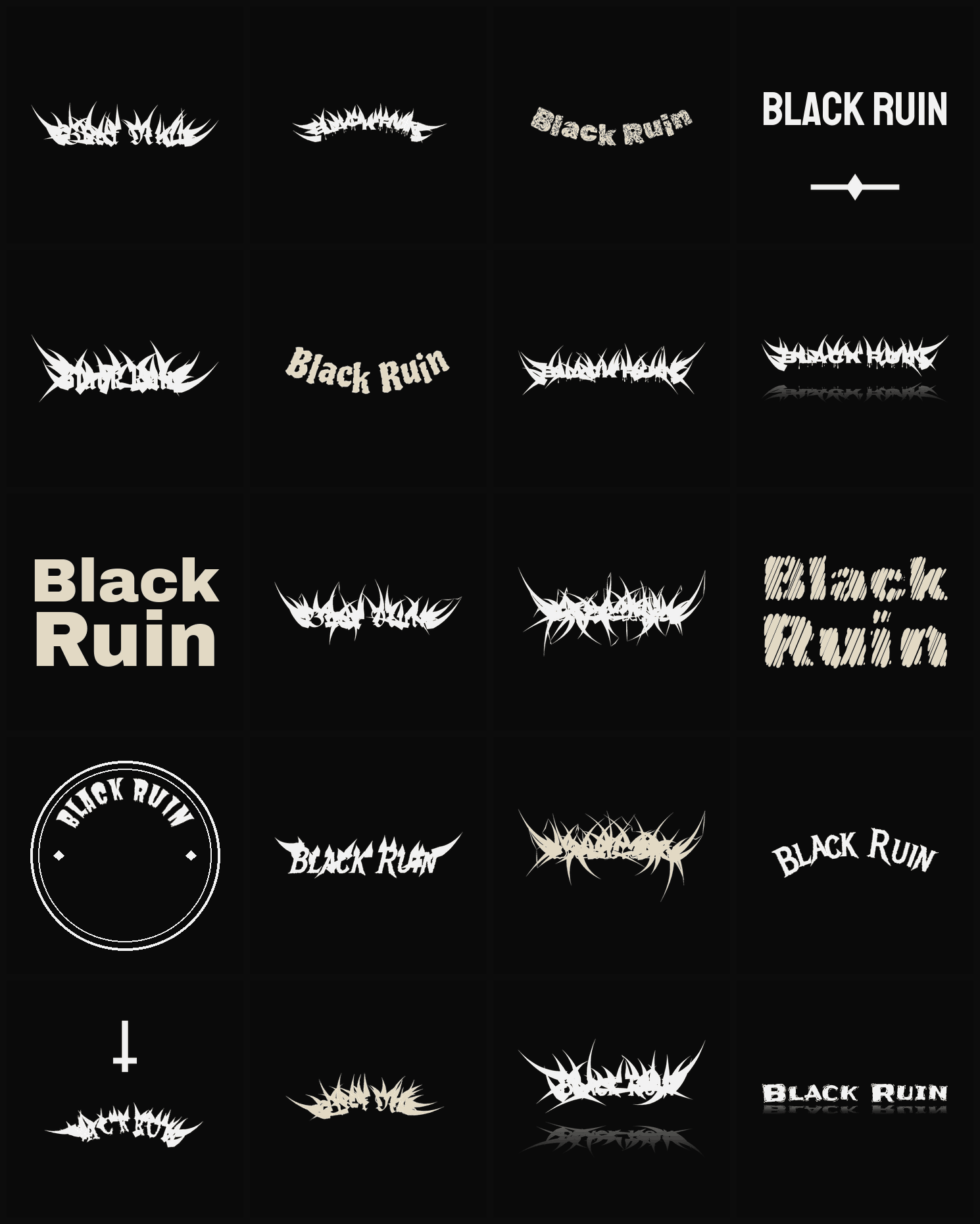 Twenty Black Ruin band logo ideas — different faces, treatments and spike settings