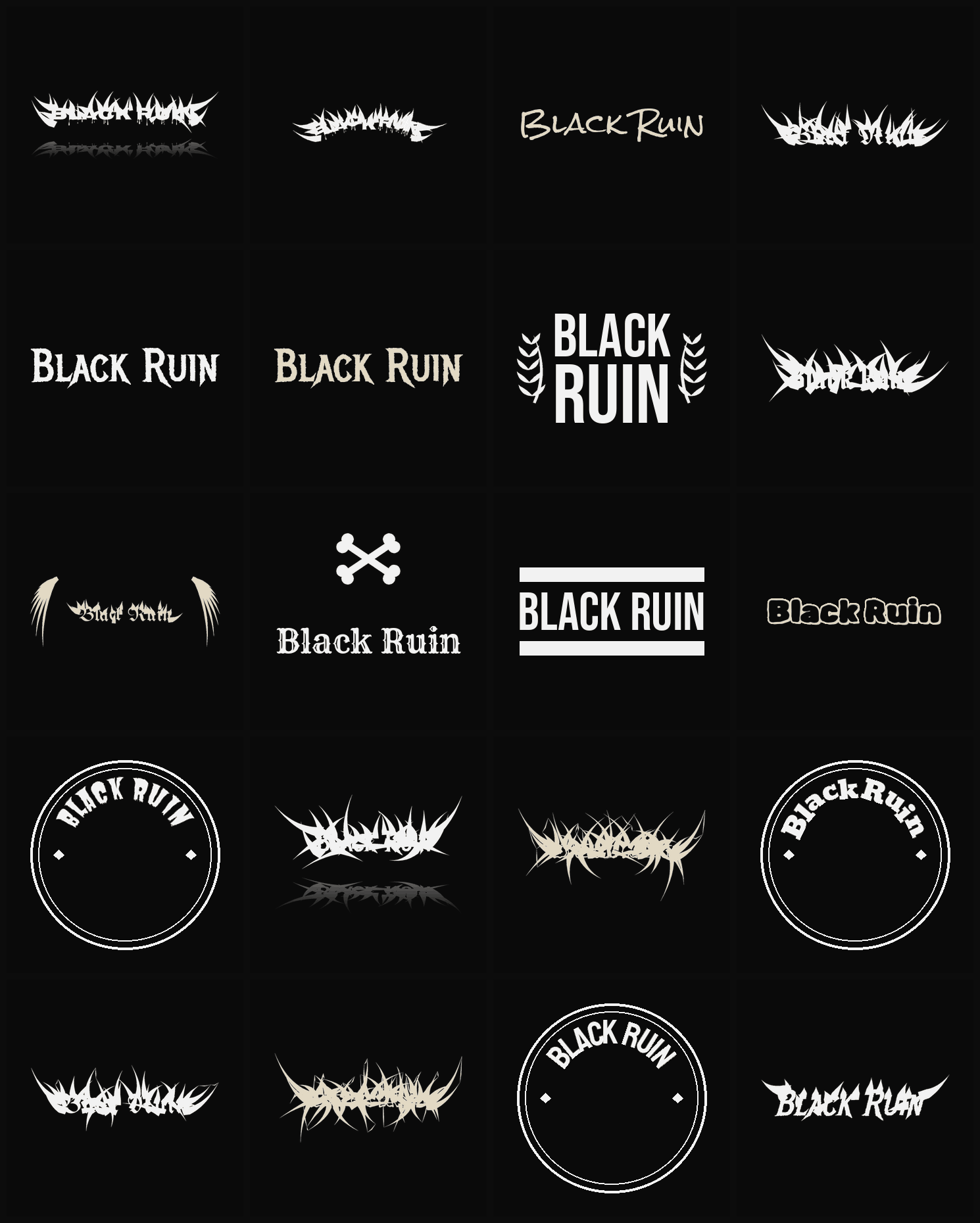 Twenty Black Ruin band logo ideas — different faces, treatments and spike settings