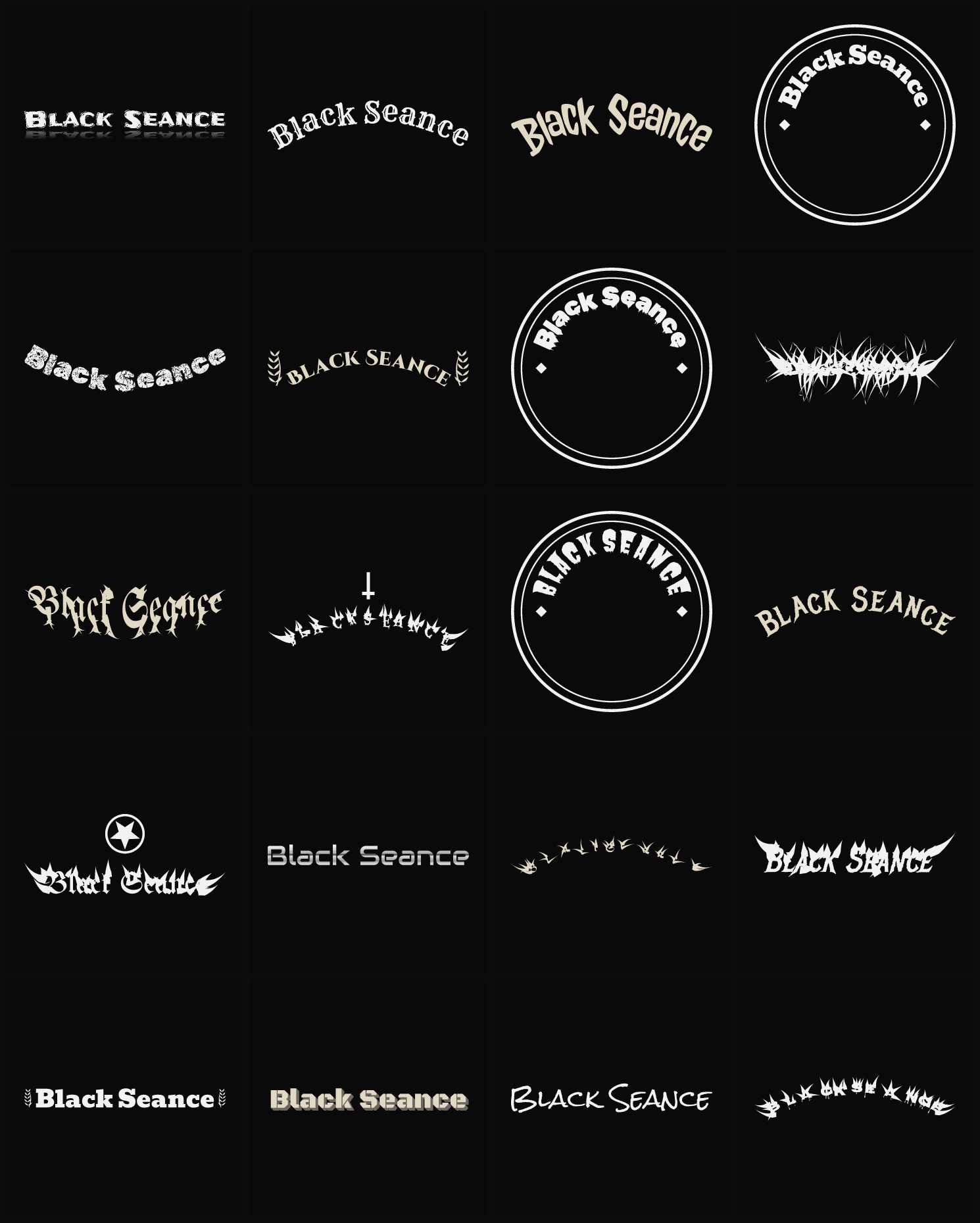 Twenty Black Seance band logo ideas — different faces, treatments and spike settings