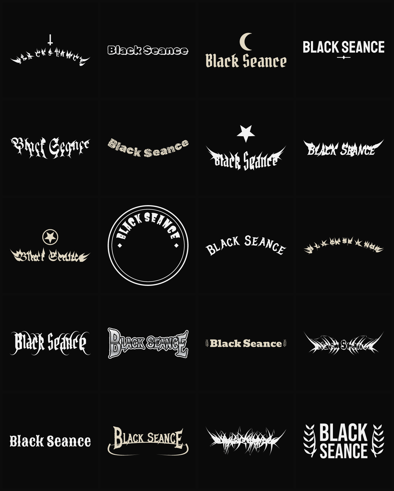 Twenty Black Seance band logo ideas — different faces, treatments and spike settings