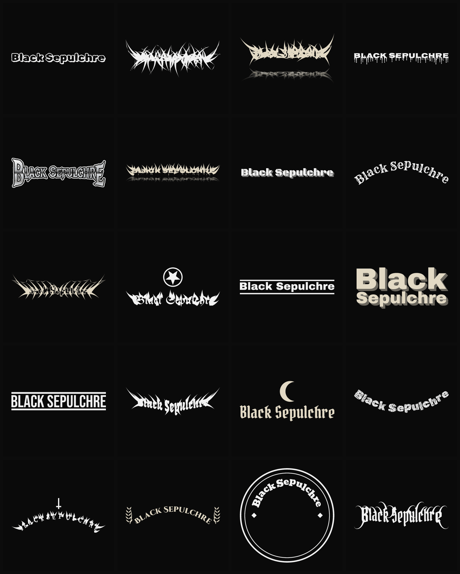 Twenty Black Sepulchre band logo ideas — different faces, treatments and spike settings