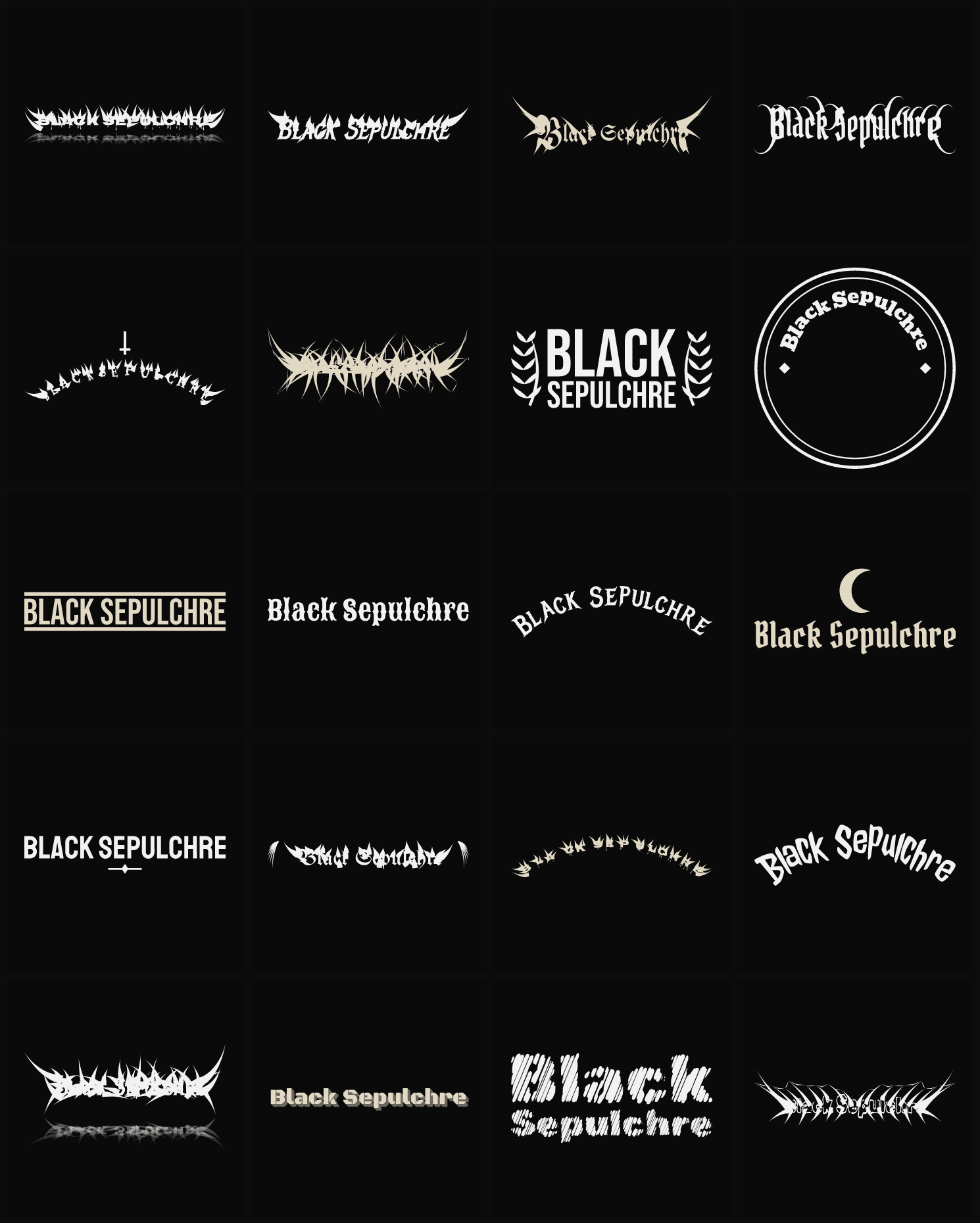 Twenty Black Sepulchre band logo ideas — different faces, treatments and spike settings
