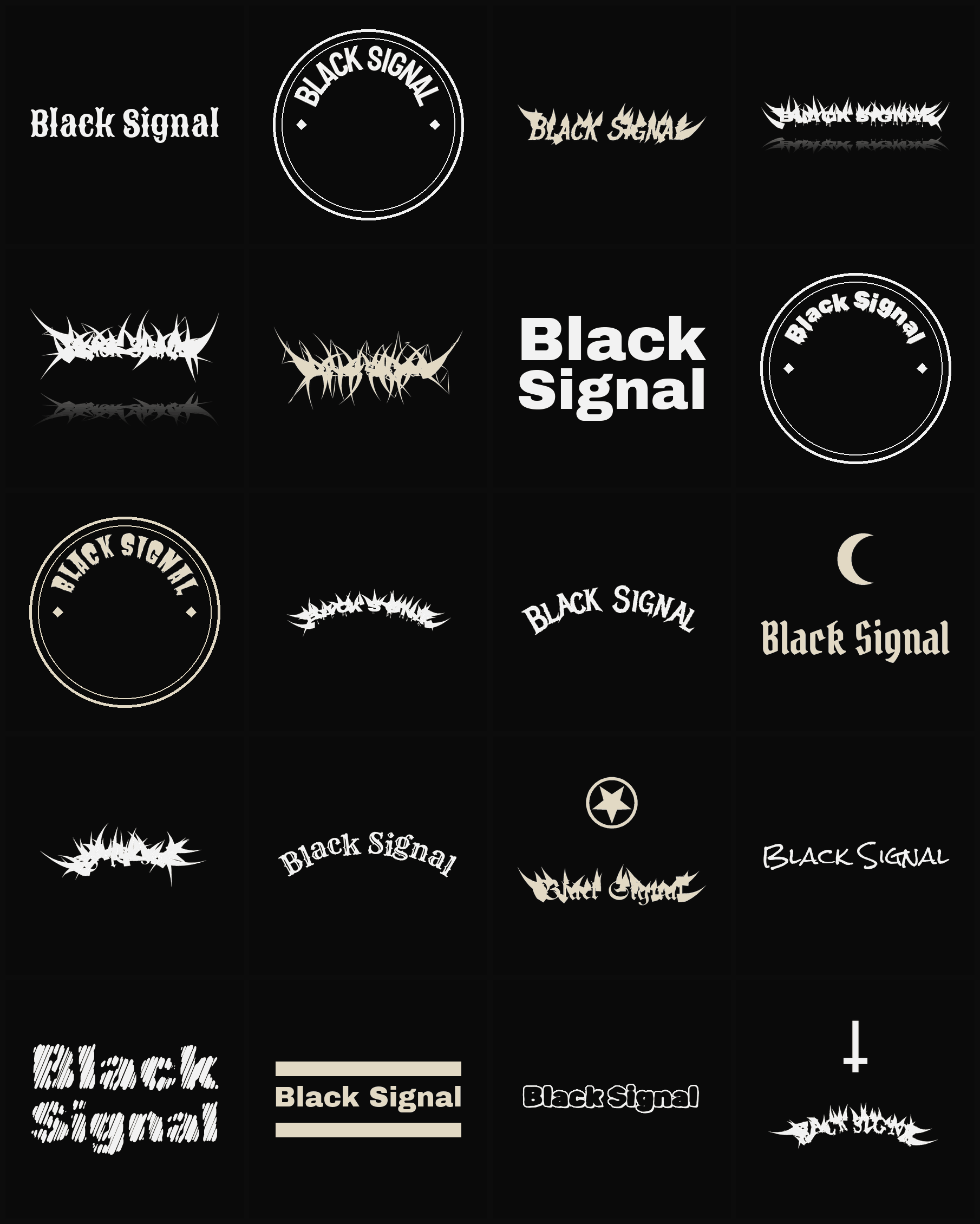 Twenty Black Signal band logo ideas — different faces, treatments and spike settings
