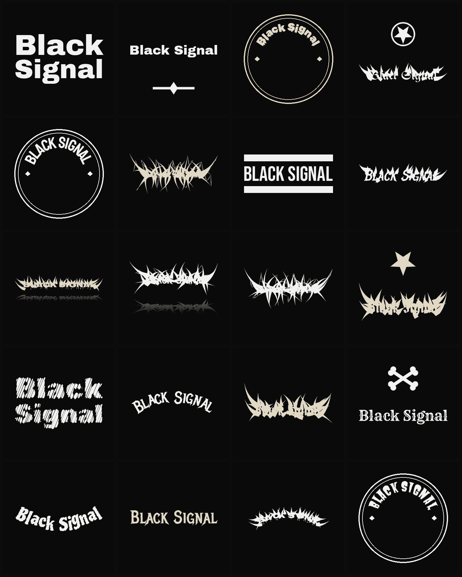 Twenty Black Signal band logo ideas — different faces, treatments and spike settings