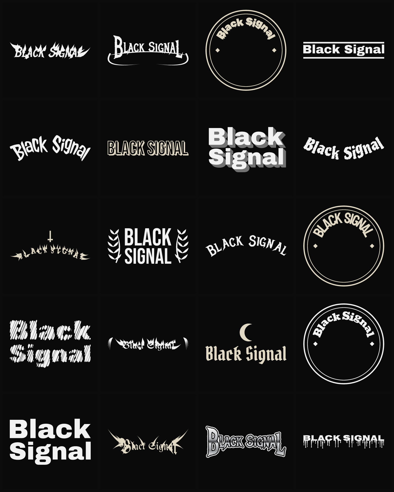Twenty Black Signal band logo ideas — different faces, treatments and spike settings