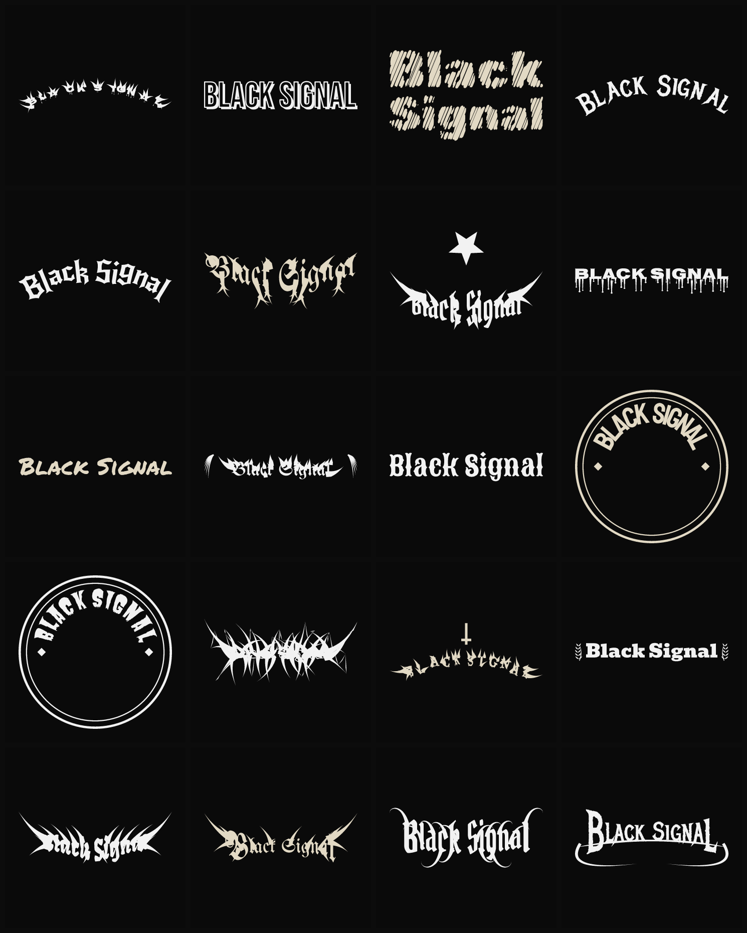 Twenty Black Signal band logo ideas — different faces, treatments and spike settings