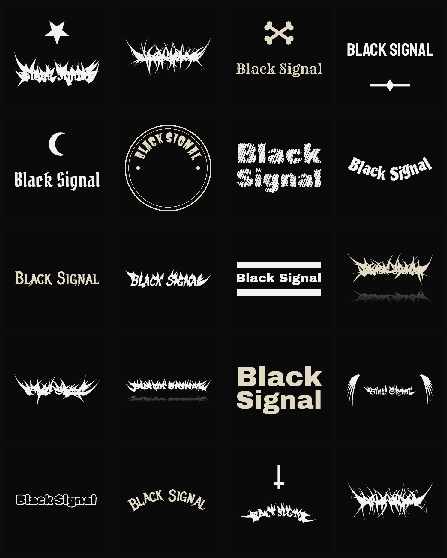 Twenty Black Signal band logo ideas — different faces, treatments and spike settings