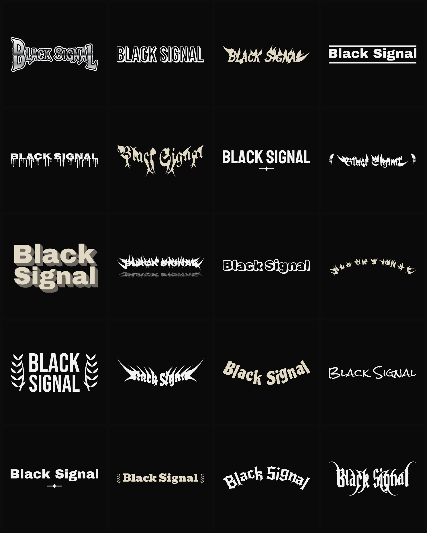 Twenty Black Signal band logo ideas — different faces, treatments and spike settings