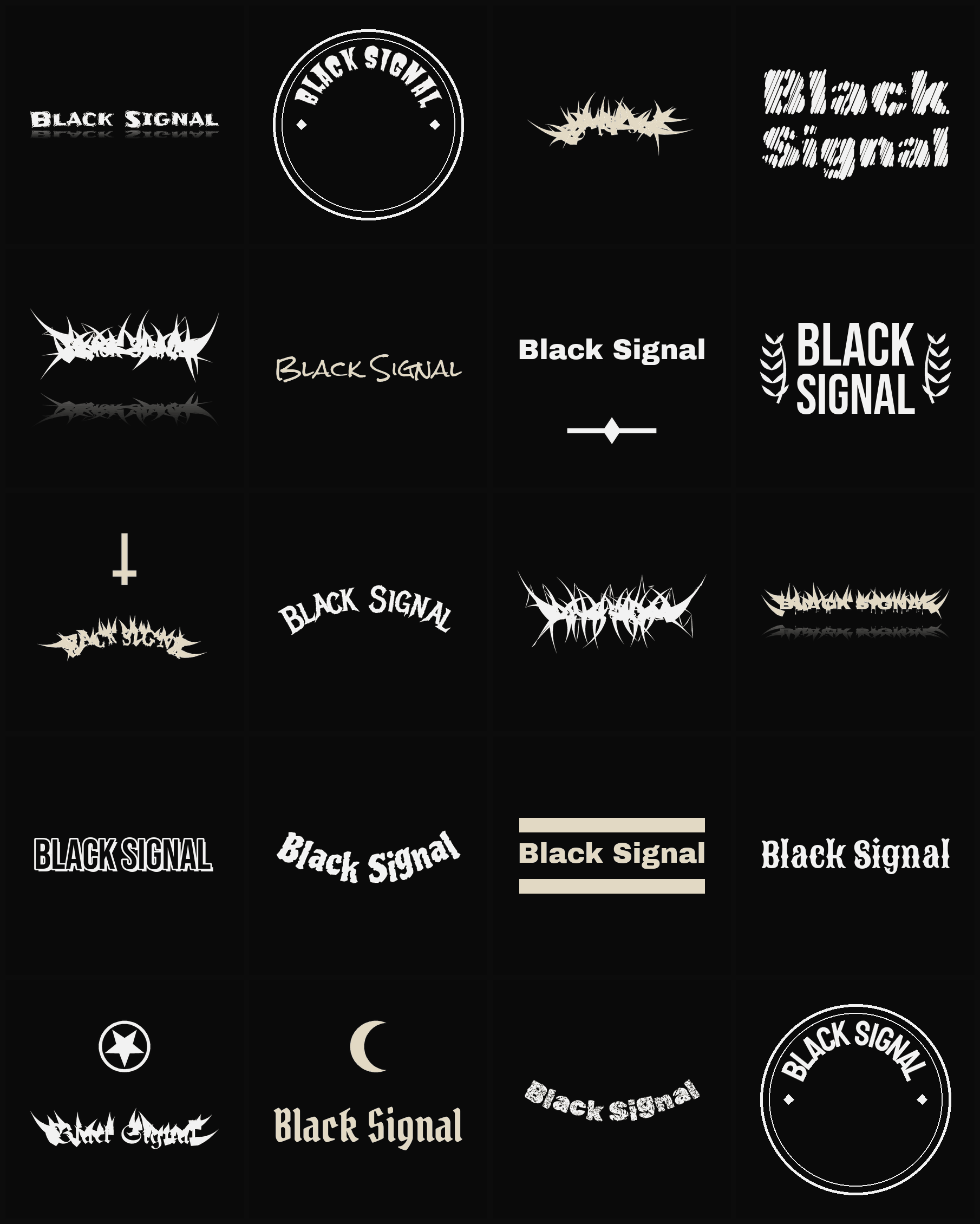 Twenty Black Signal band logo ideas — different faces, treatments and spike settings
