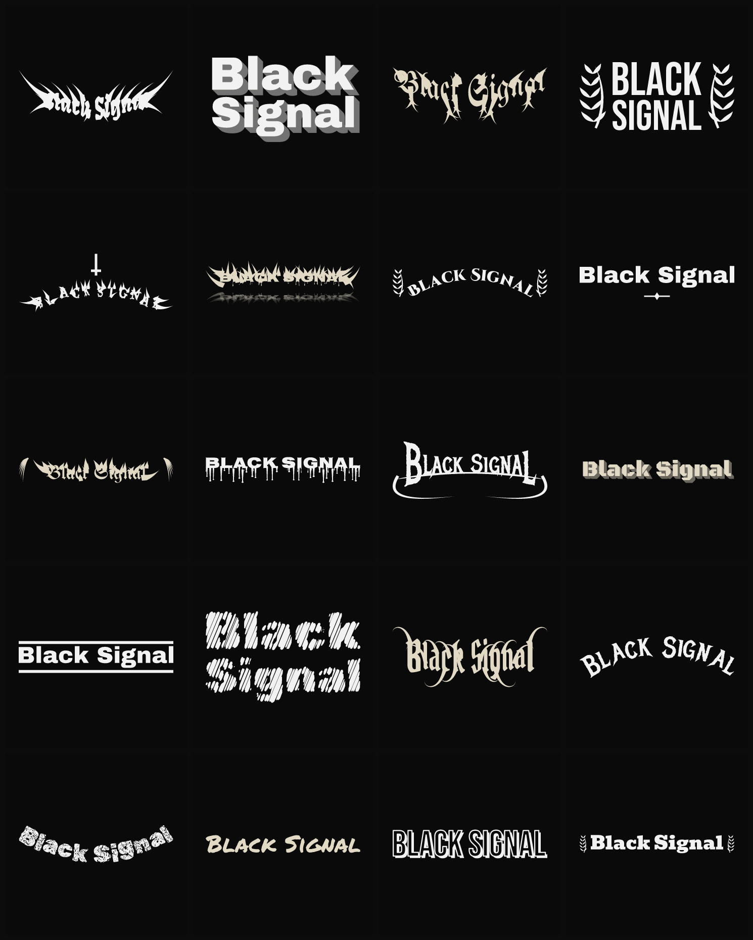 Twenty Black Signal band logo ideas — different faces, treatments and spike settings