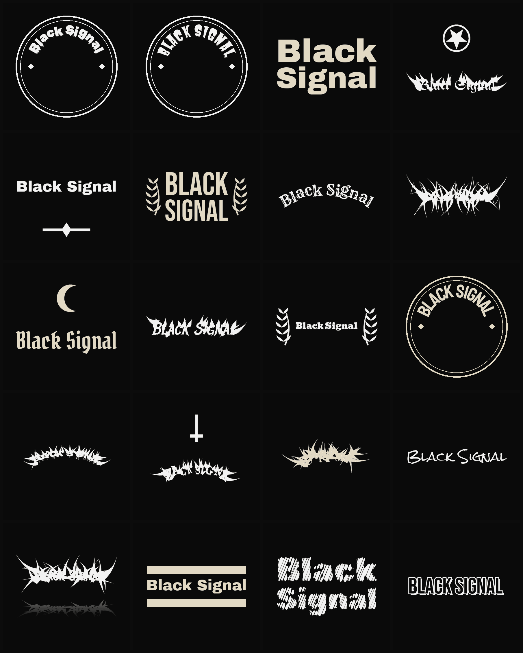 Twenty Black Signal band logo ideas — different faces, treatments and spike settings