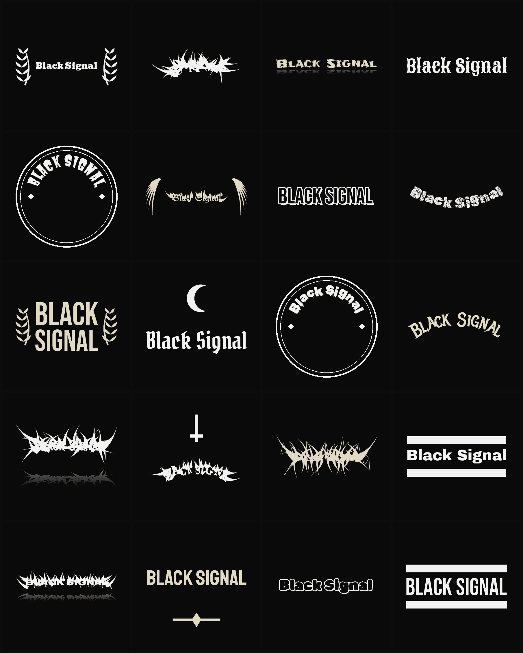 Twenty Black Signal band logo ideas — different faces, treatments and spike settings