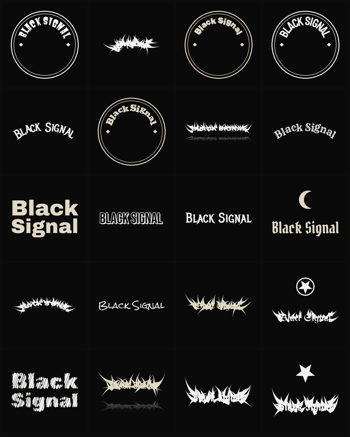 Twenty Black Signal band logo ideas — different faces, treatments and spike settings