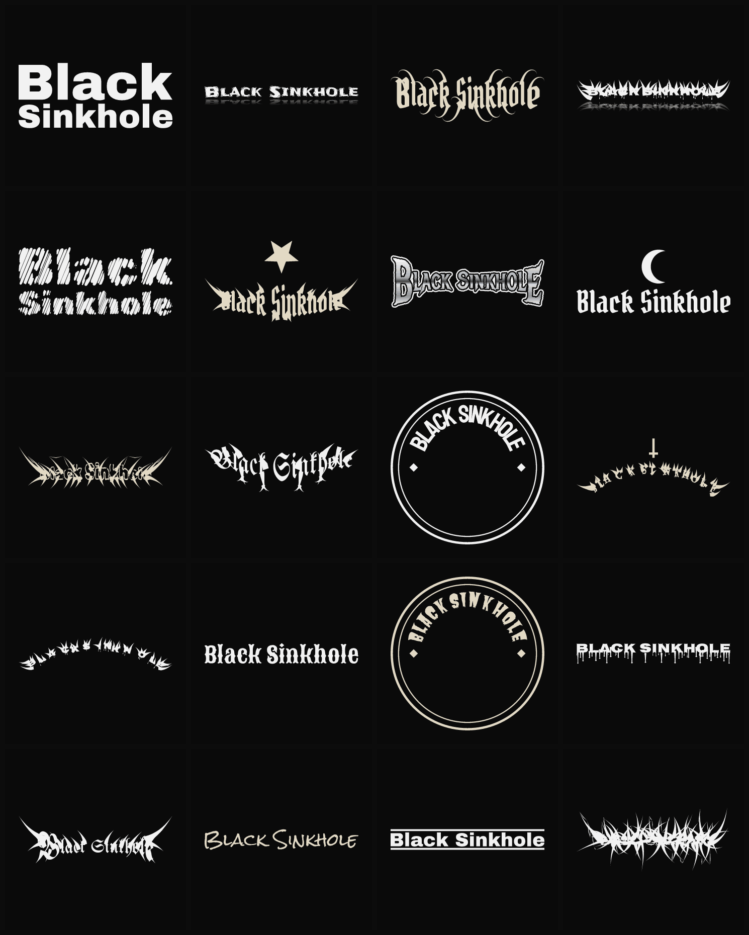 Twenty Black Sinkhole band logo ideas — different faces, treatments and spike settings