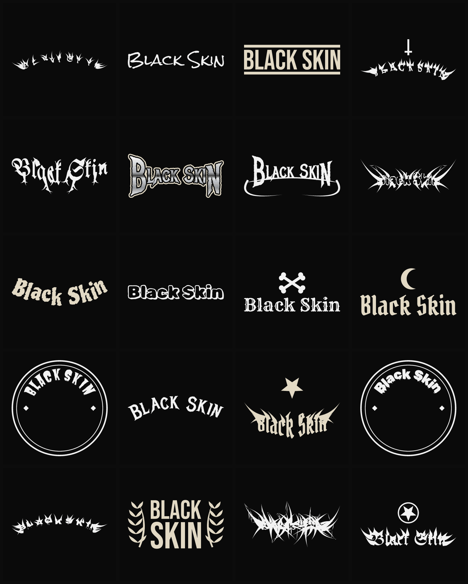 Twenty Black Skin band logo ideas — different faces, treatments and spike settings