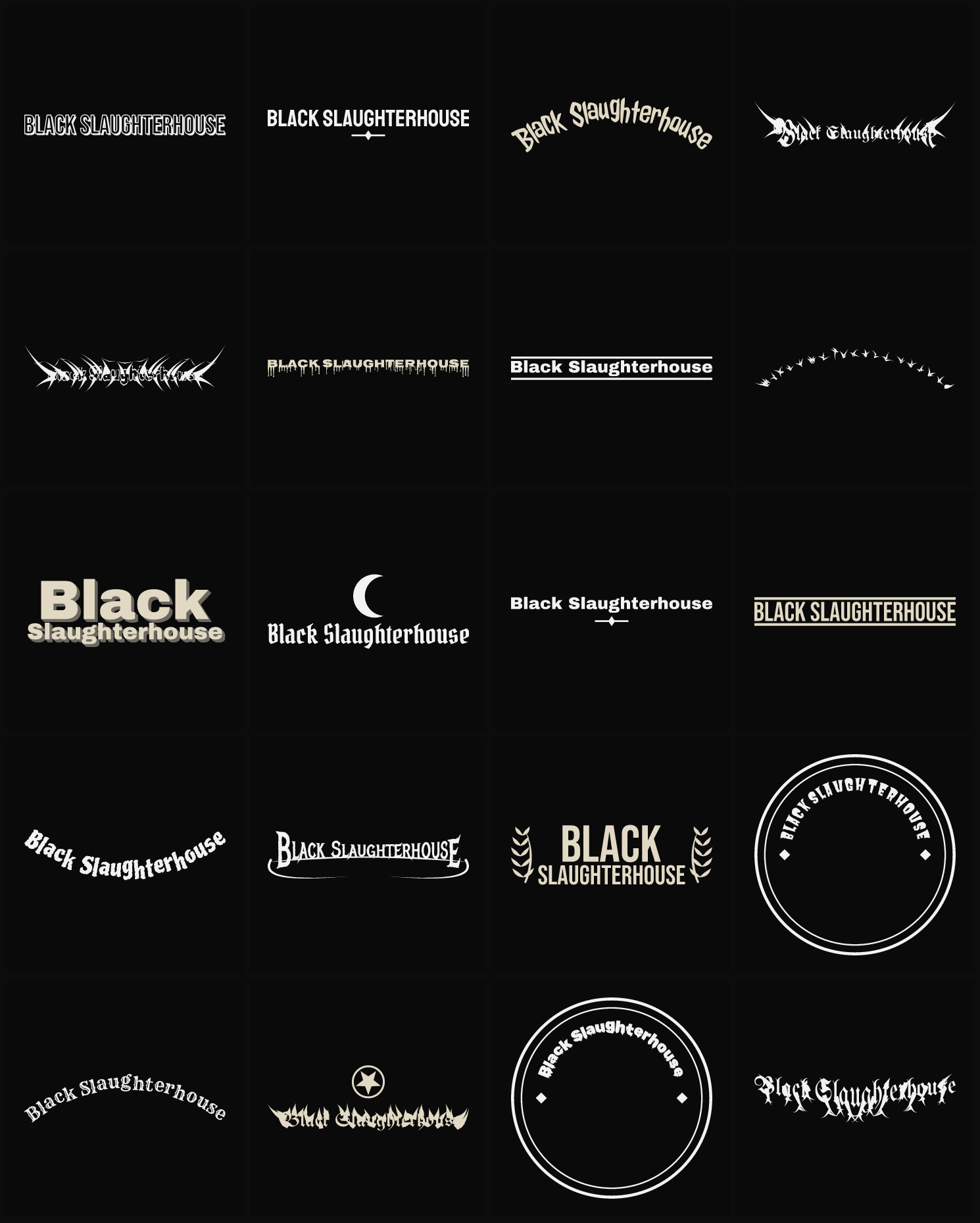 Twenty Black Slaughterhouse band logo ideas — different faces, treatments and spike settings